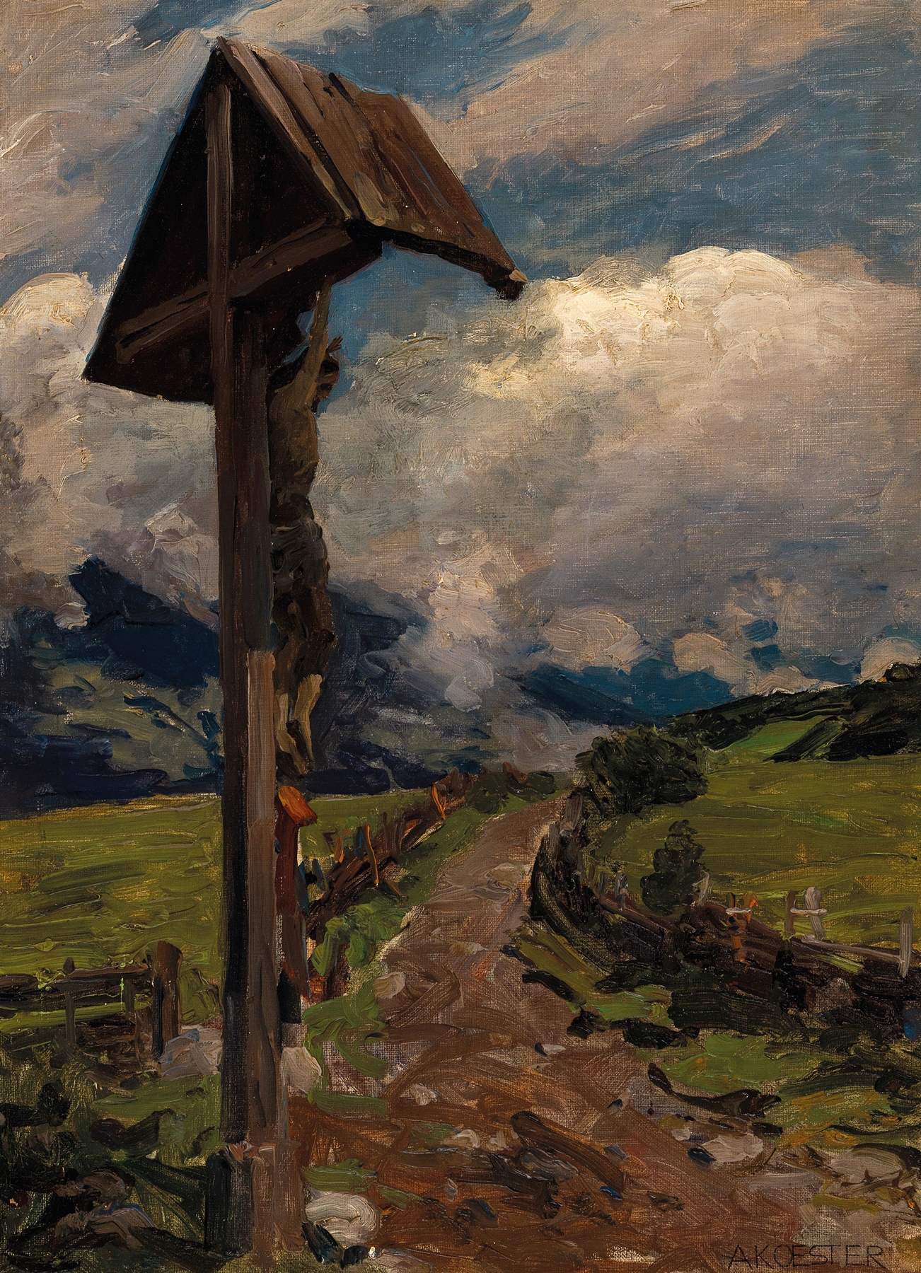 A Wayside Shrine by Alexander Koester, oil on canvas depicting a shrine surrounded by foliage and warm light.
