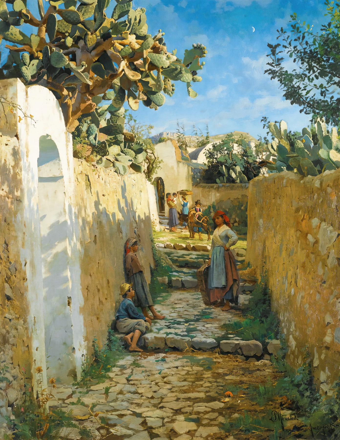 Anacapri by Peder Mørk Mønsted, oil on canvas depicting sunlit rocks and a serene seascape.