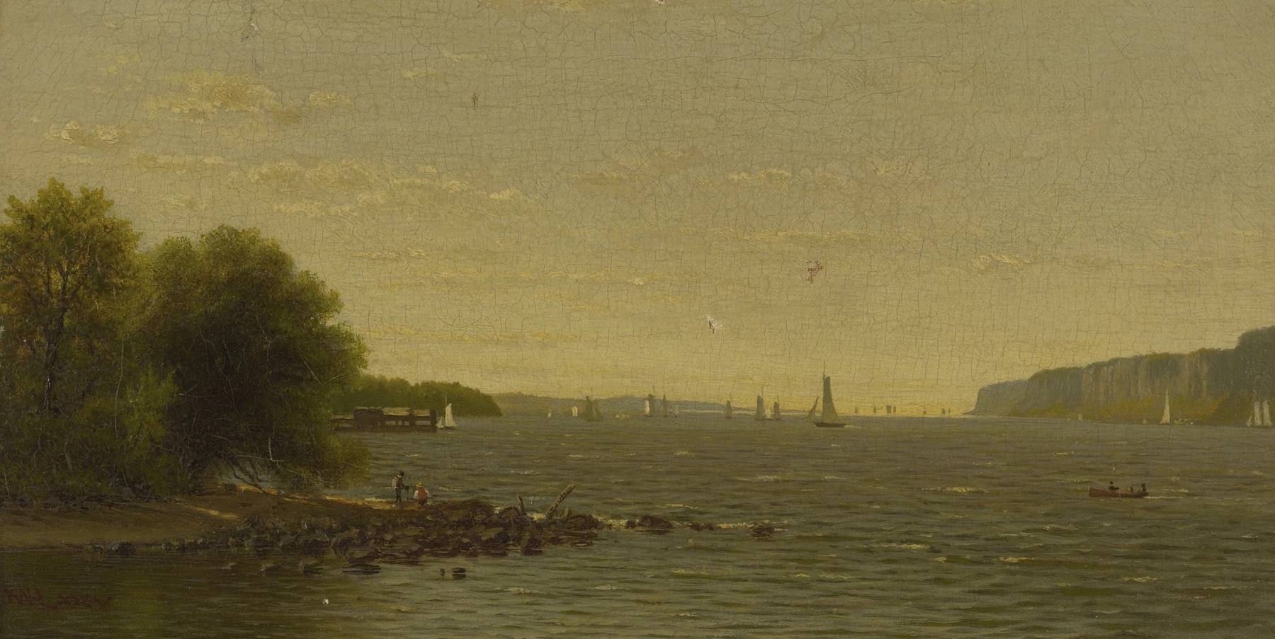 Along the Hudson River, oil on canvas by Richard William Hubbard, depicting a serene river landscape.