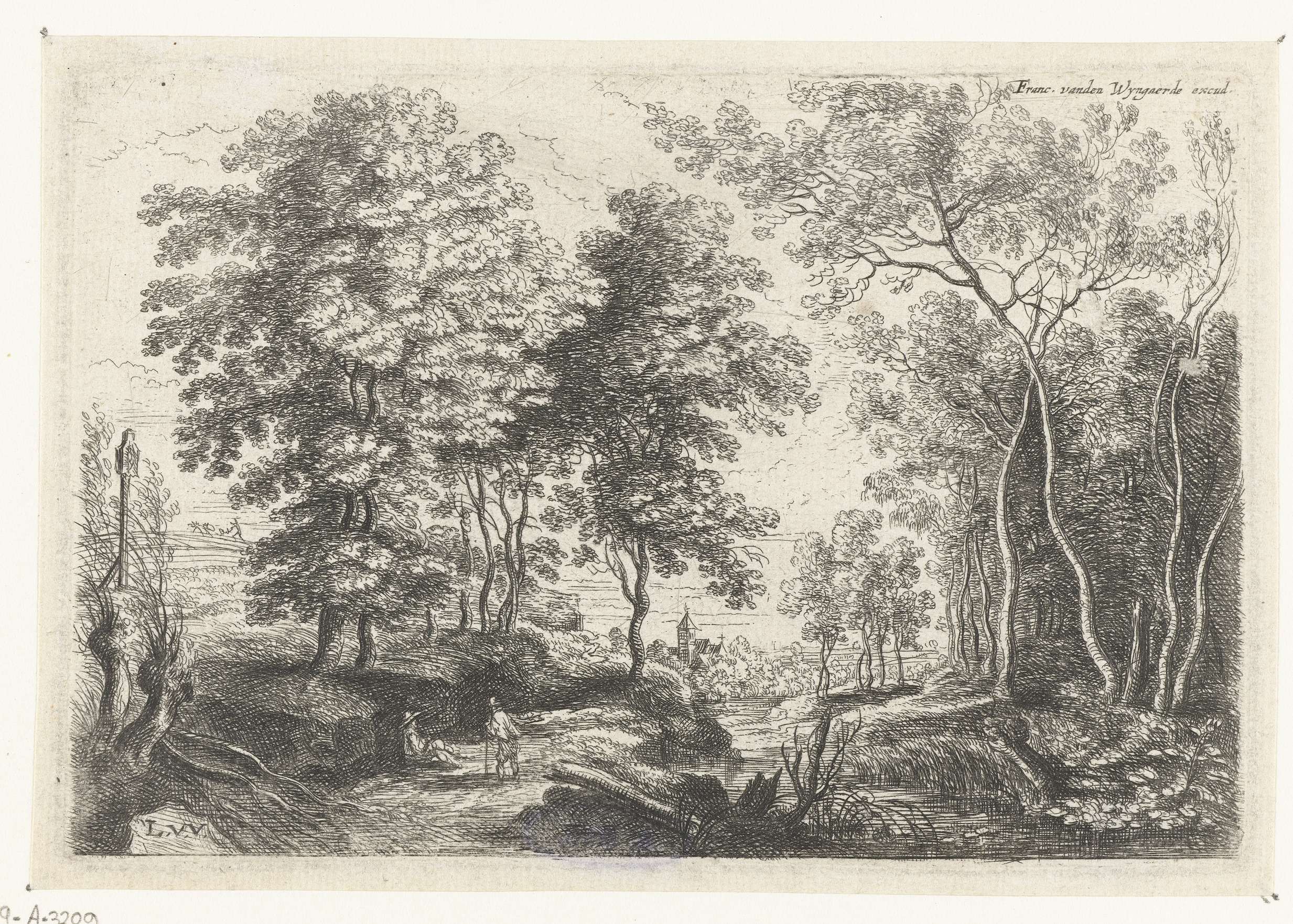 Landschap met een beek door een bos, etching by Lucas van Uden depicting a serene forest scene.