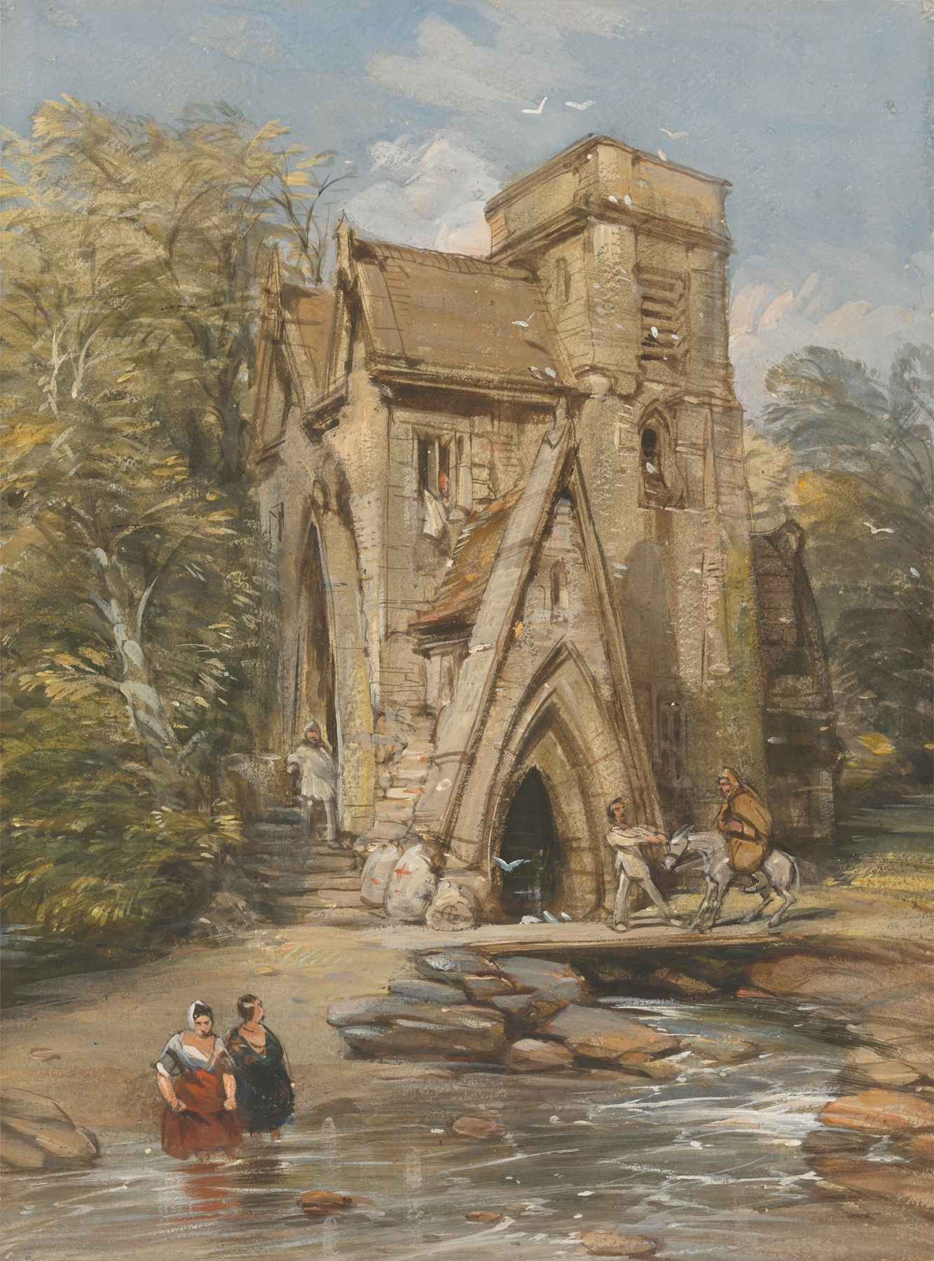 A Monastery Mill by George Cattermole, depicting a millstone and flowing water, oil painting.