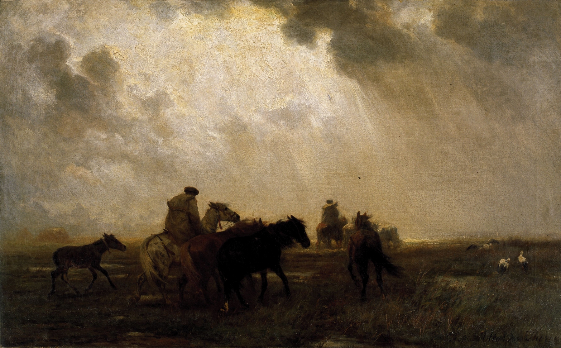 Horse Drivers in Hungary by Otto von Thoren, depicting horse drivers in a dynamic landscape, oil painting.