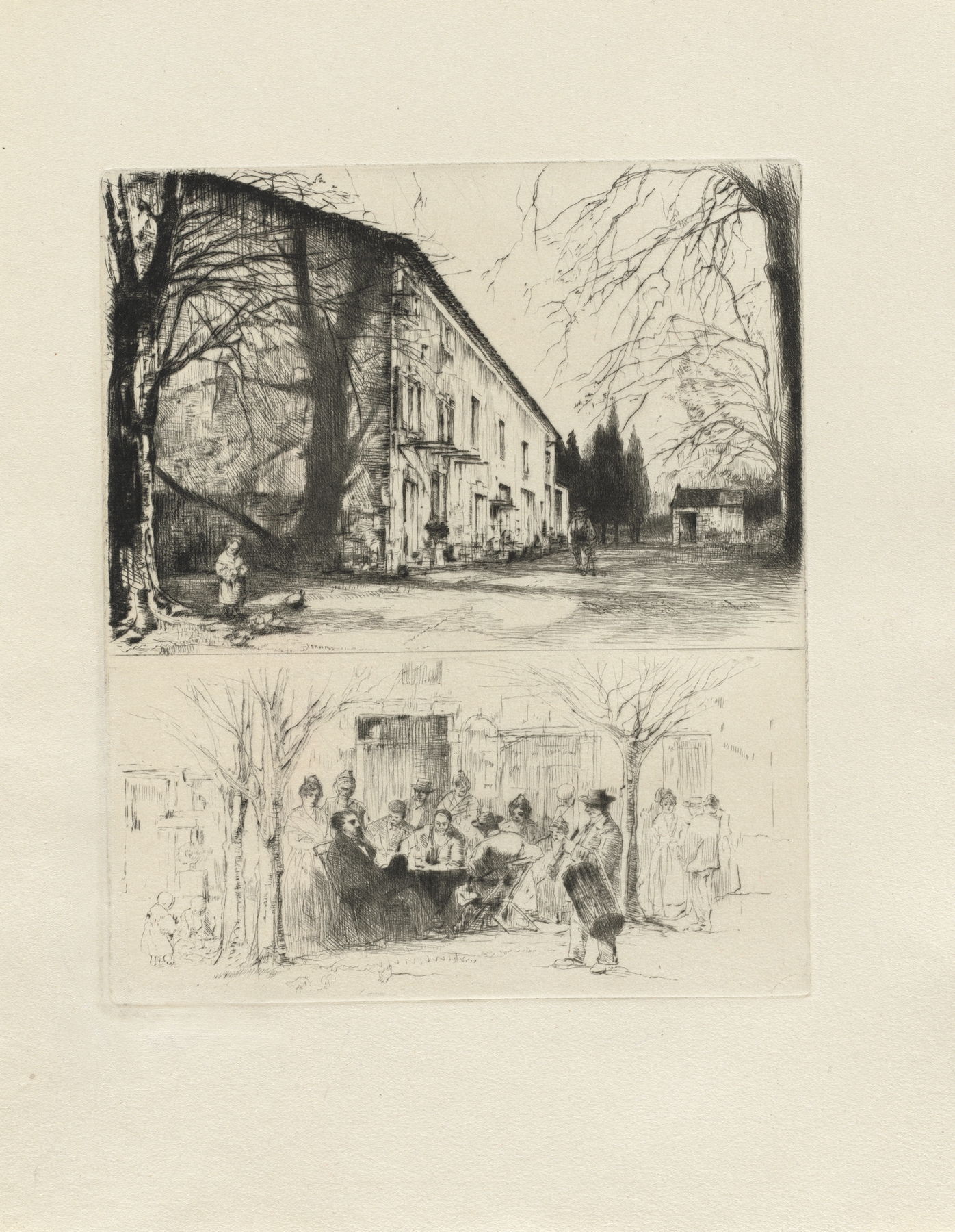 Figurative etching by Auguste Brouet depicting delicate lines and shadows