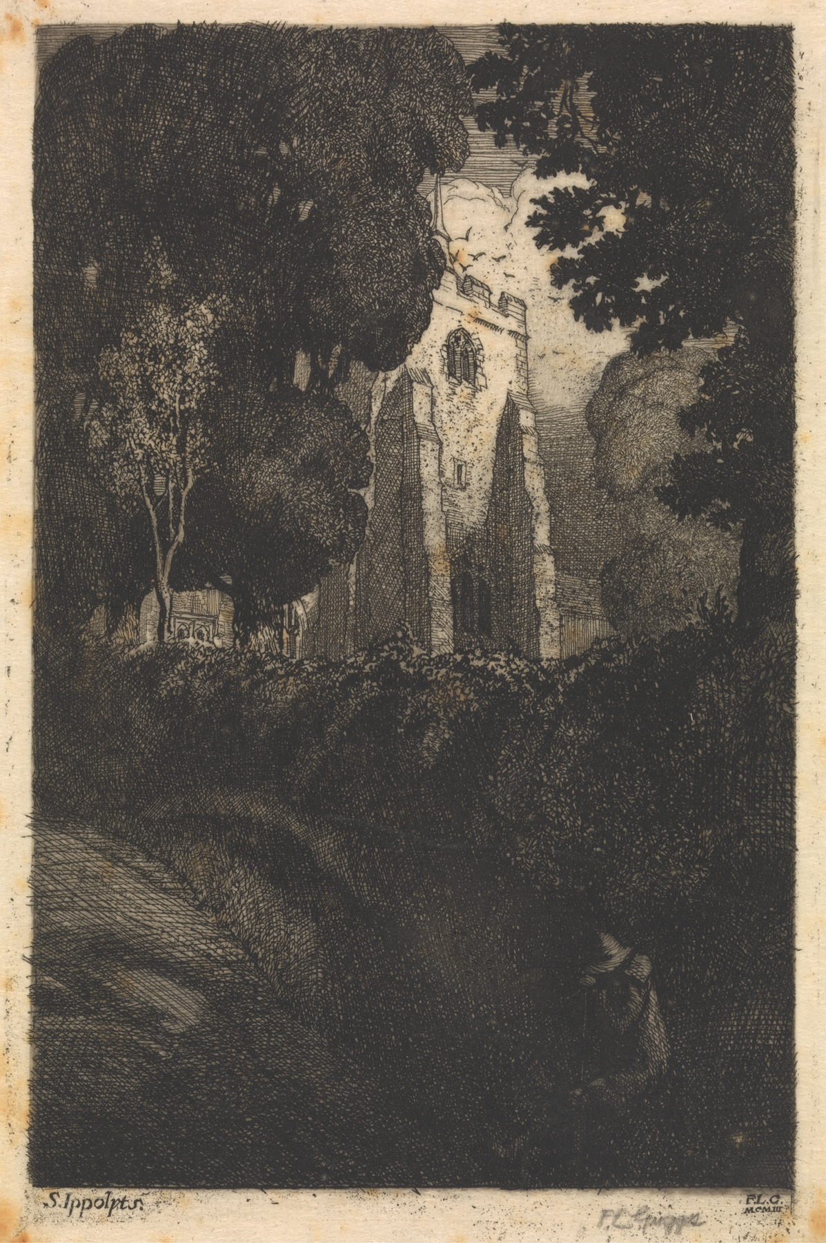 Etching by Frederick Landseer Maur Griggs depicting a tranquil forest landscape.