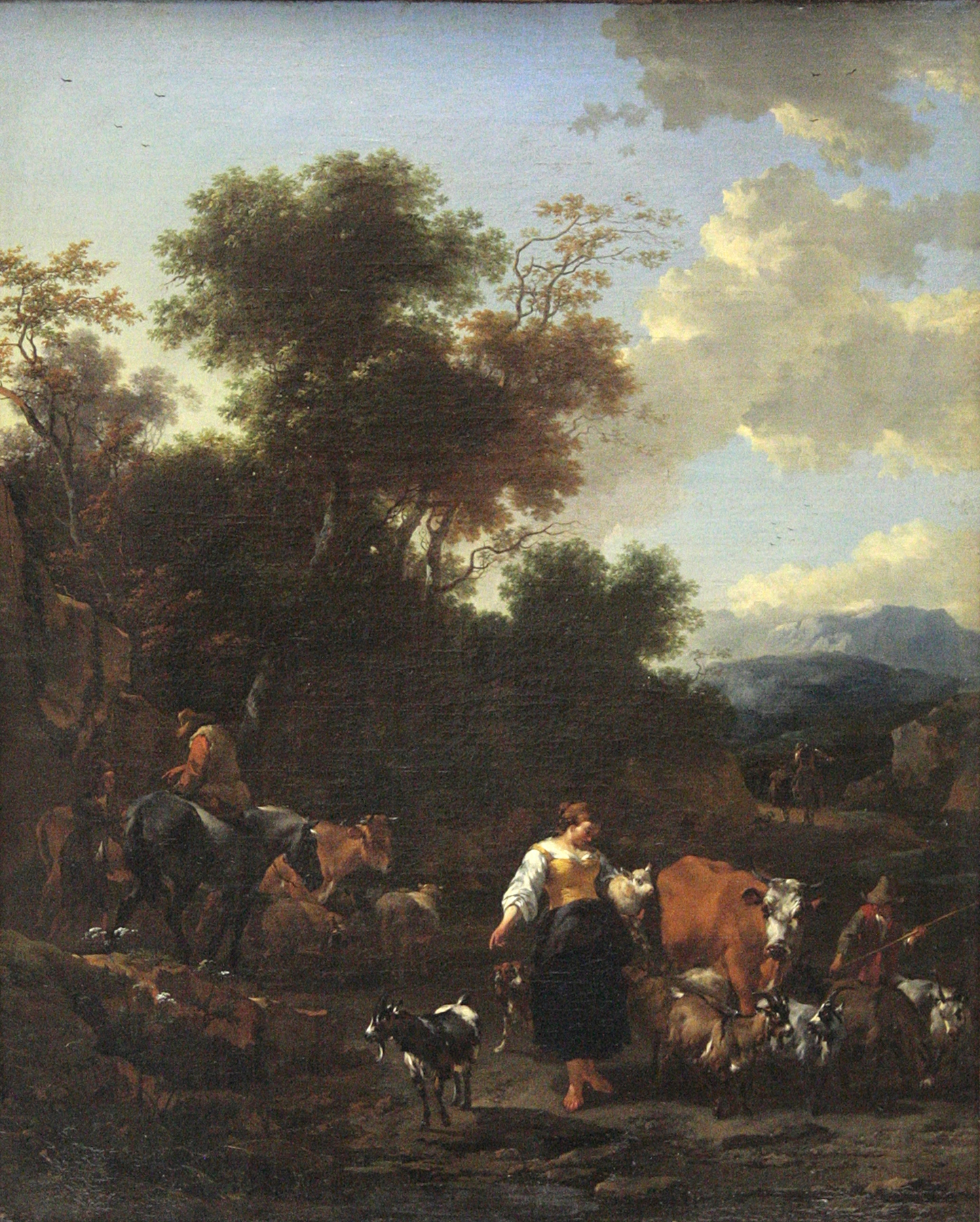 Italian Landscape with Shepherds at a River, by Nicolaes Pietersz Berchem, public domain