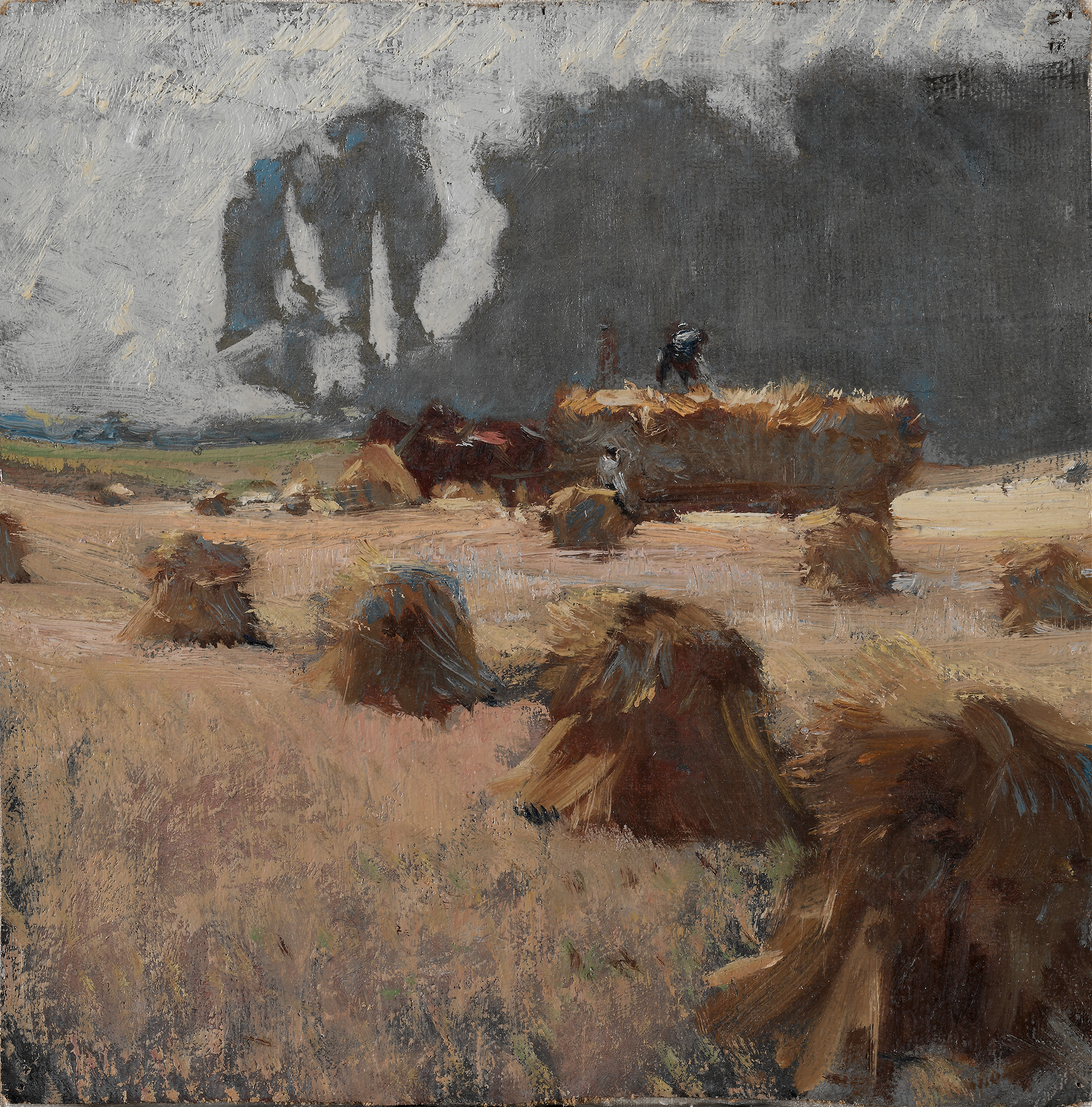 Harvest Time by Henry Keller, impressionist oil painting depicting golden wheat fields.