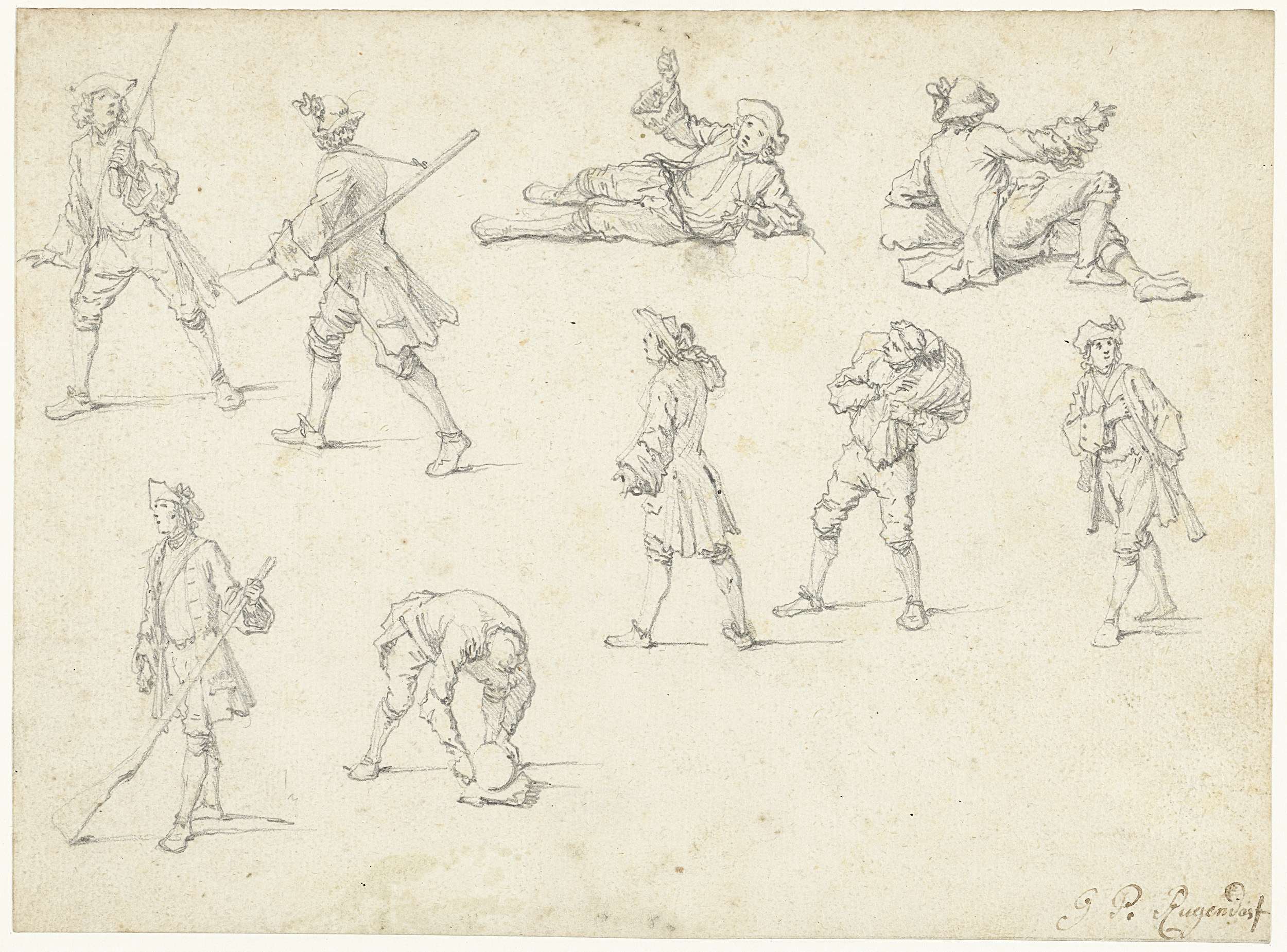 Drawing on paper by Georg Philipp Rugendas (I) featuring nine figures in elegant poses.