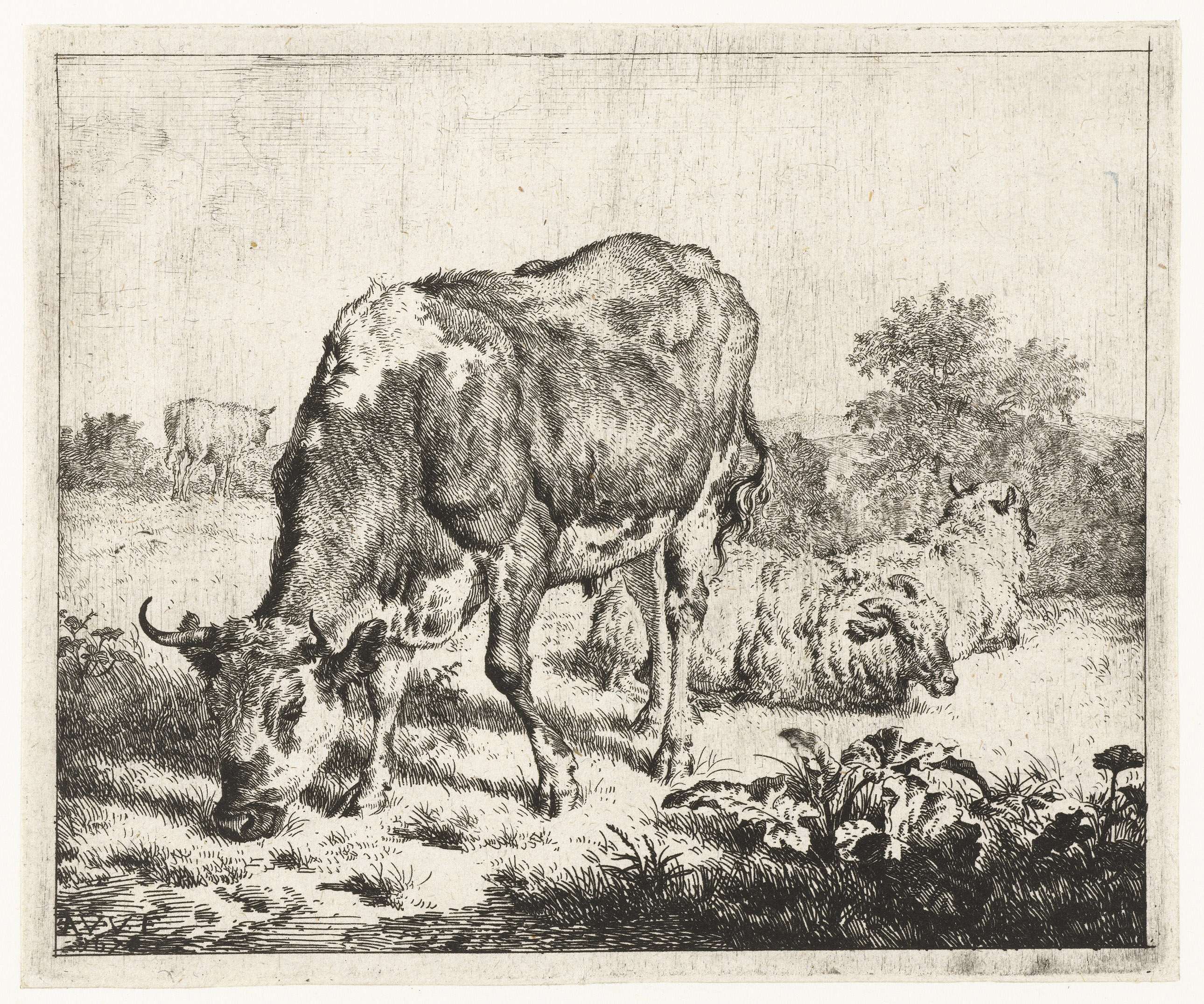 Bonte stier met drie schapen, by Adriaen van de Velde, public domain