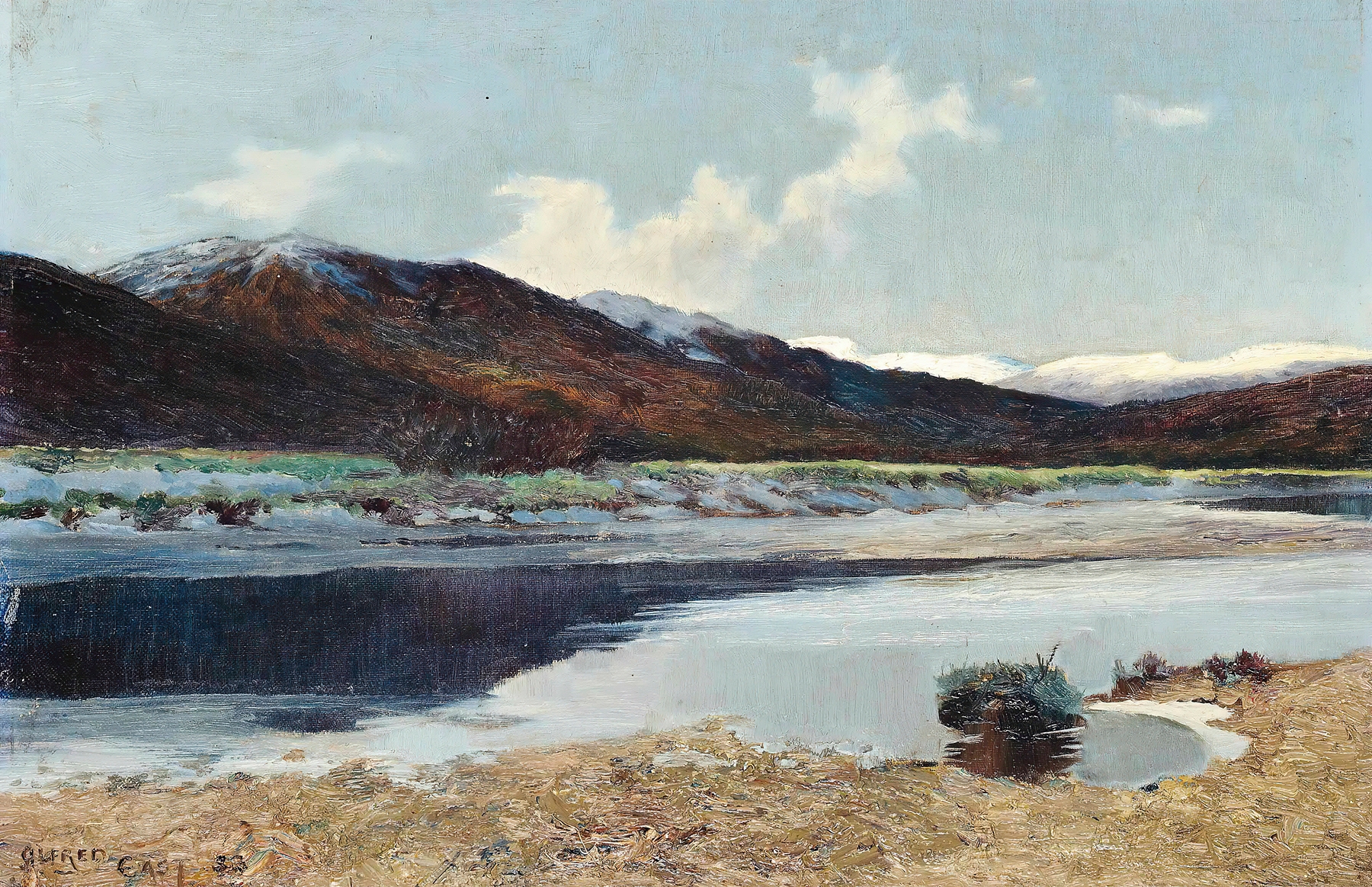 Landscape of Loch Lomond, Scotland by Sir Alfred East, oil painting depicting a serene lake at dusk.