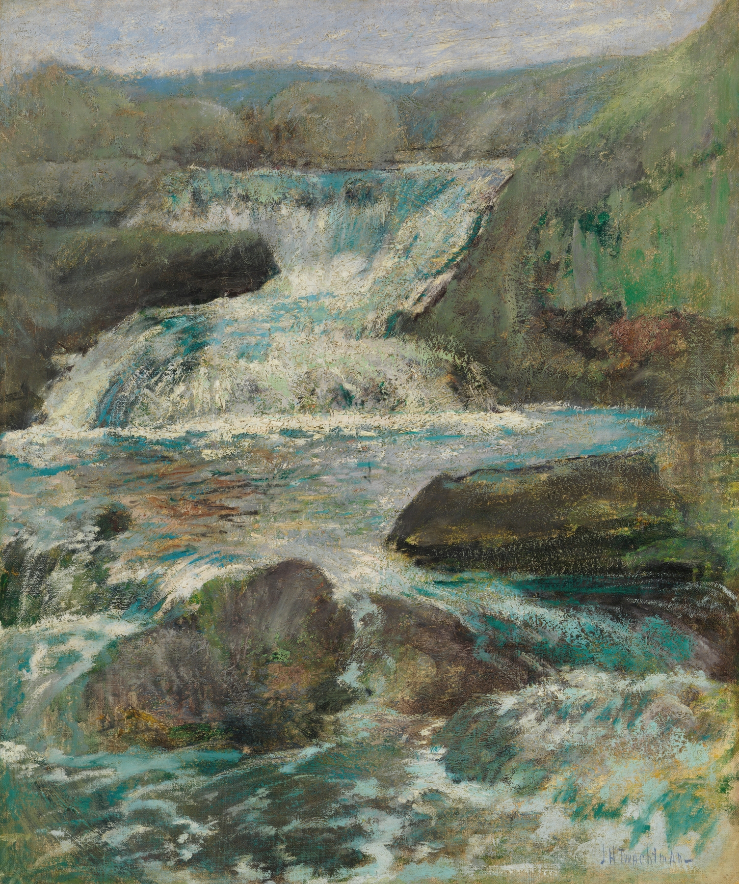 Horseneck Falls by John Henry Twachtman, oil on canvas depicting a tranquil waterfall and lush greenery.