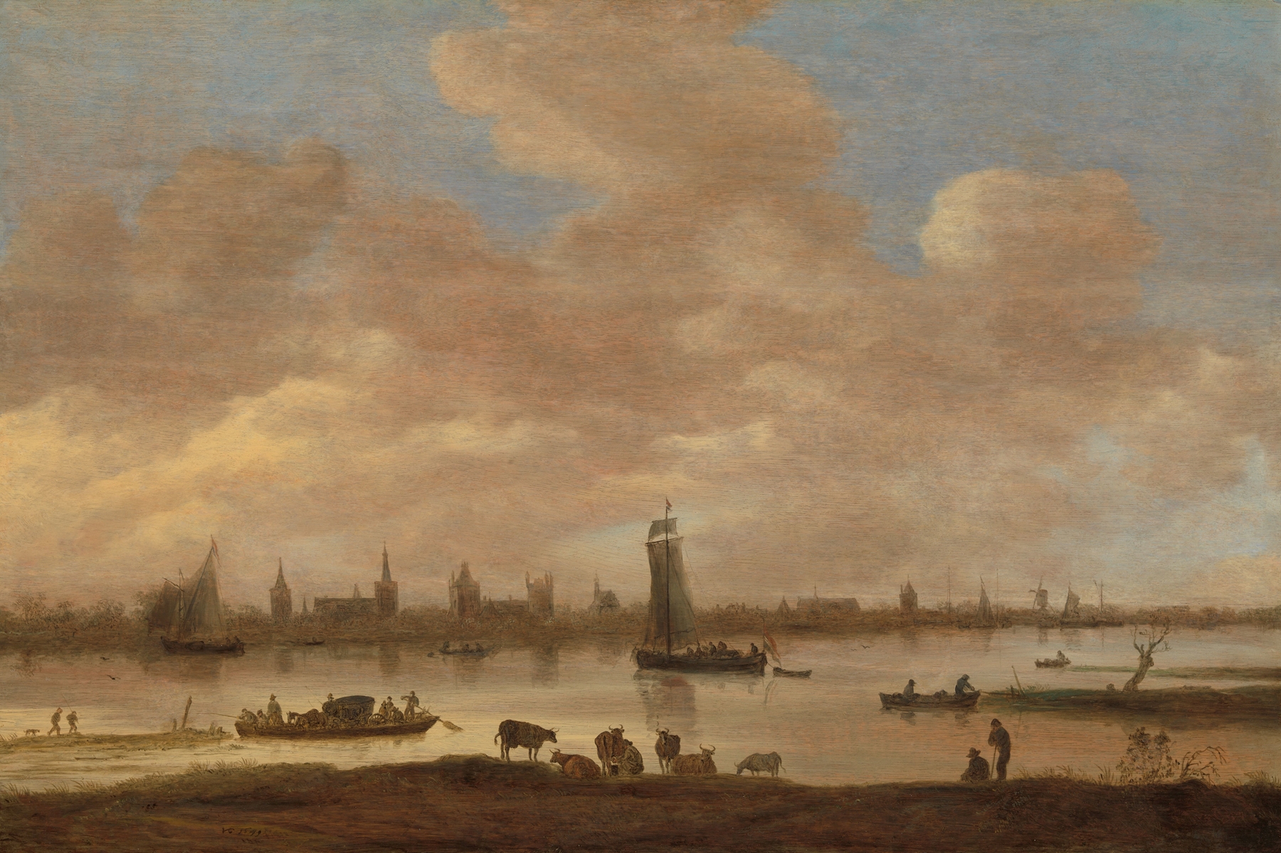 Landscape with a river and village at dusk by Jan van Goyen, oil painting