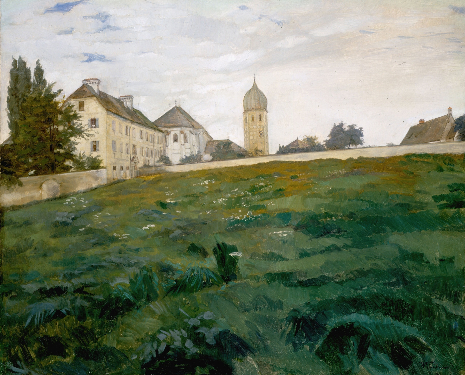 Impressionist oil painting by Wilhelm Trübner depicting a church tower and meadow