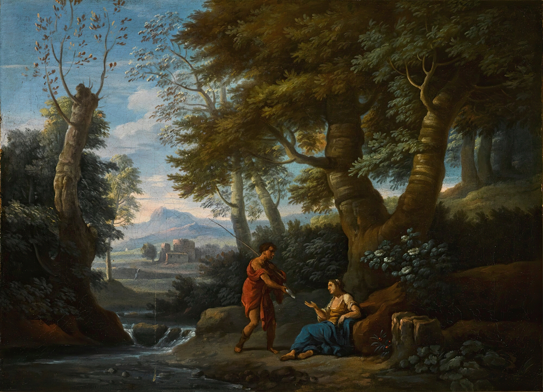 Landscape with a fisherman and a female figure by a river, oil on canvas by Andrea Locatelli