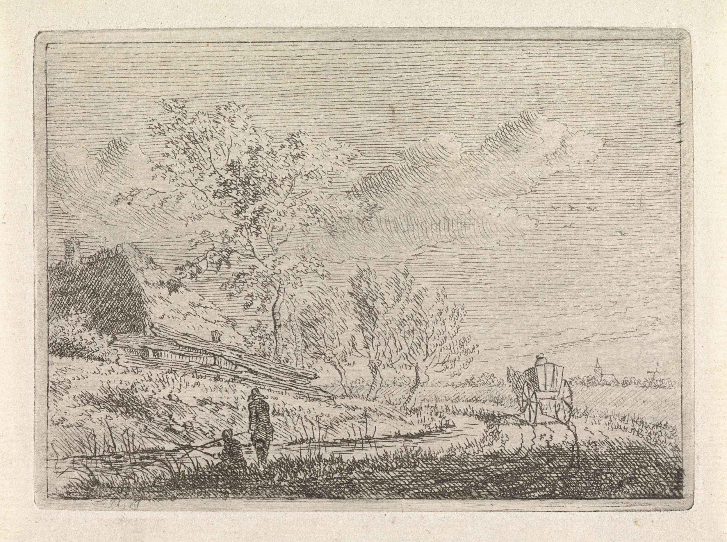 Landschap met kar en twee vissers, etching by Johannes Christiaan Janson depicting fishermen by a river.