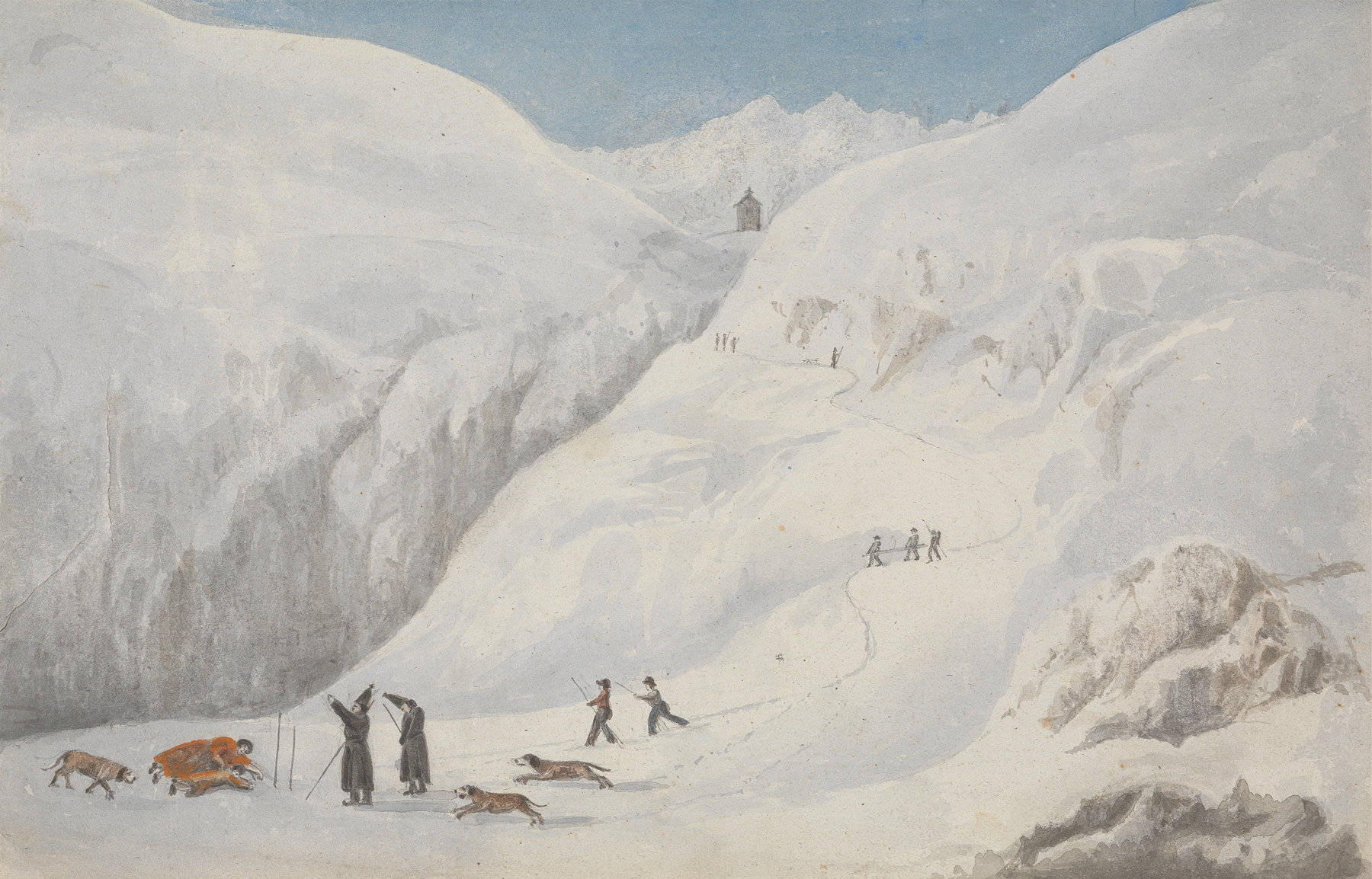 Mt. St. Bernard by Isaac Weld, watercolor on paper depicting a Swiss landscape with mountains and sky.