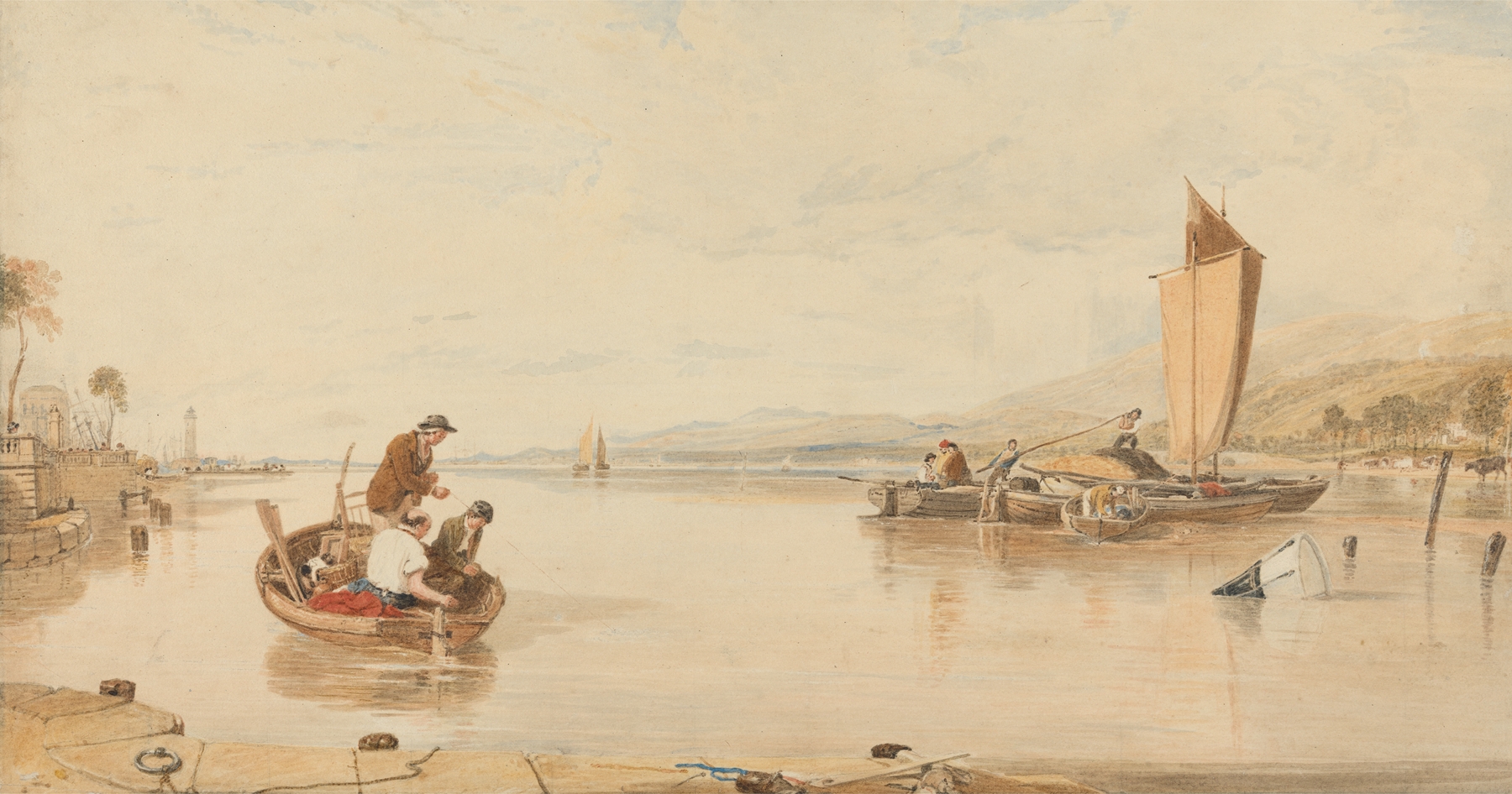Dead Calm: Boats off Cowes Castle, oil on canvas by Sir Augustus Wall Callcott, depicting boats on calm water.