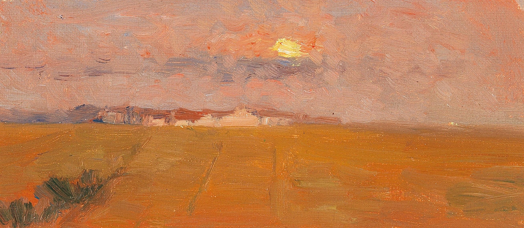 Evening Light by Marie Egner, oil on canvas depicting a sunset over hills and a lake