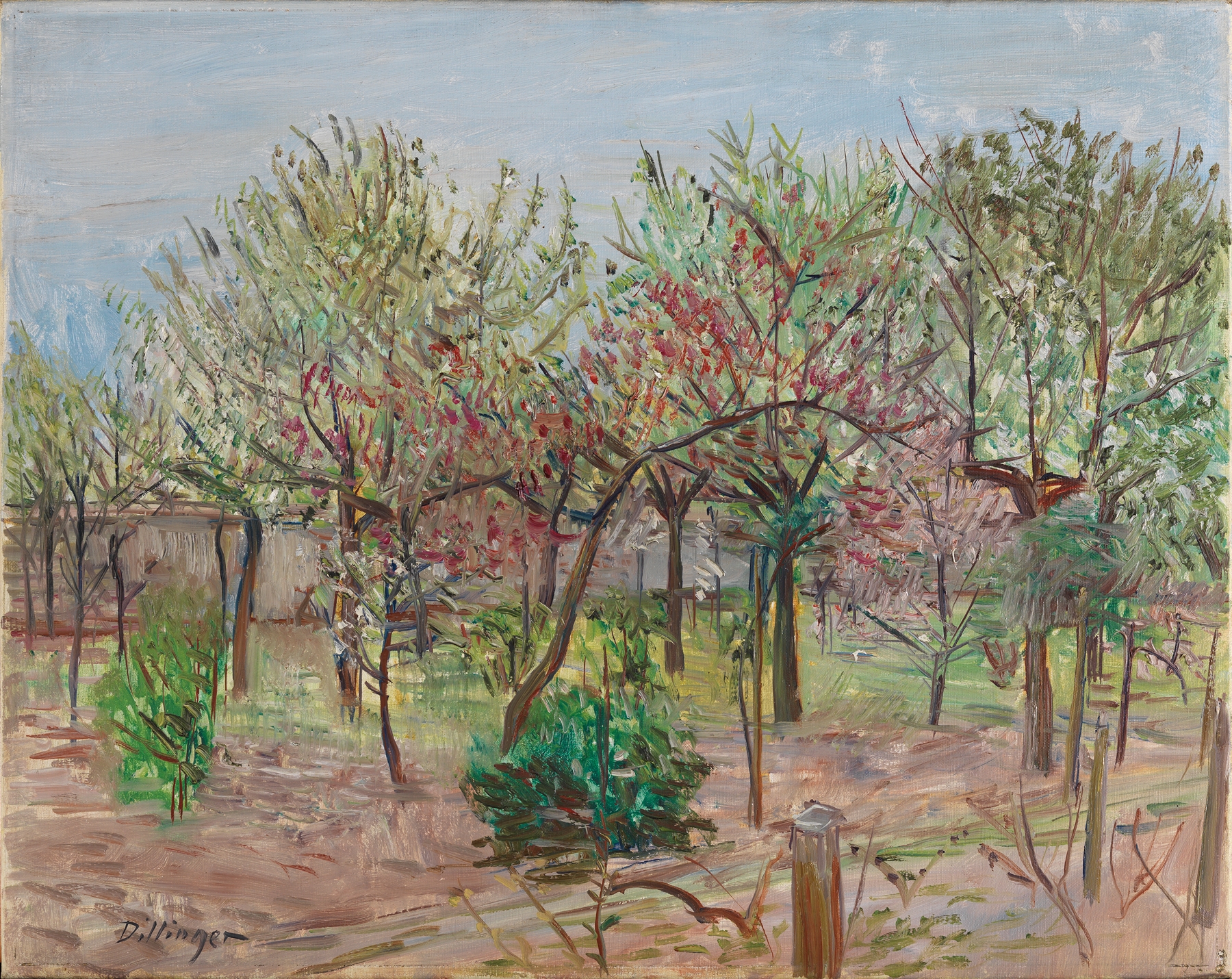 Post-Impressionism artwork by Karl Dillinger depicting a garden with vibrant pink blossoms.