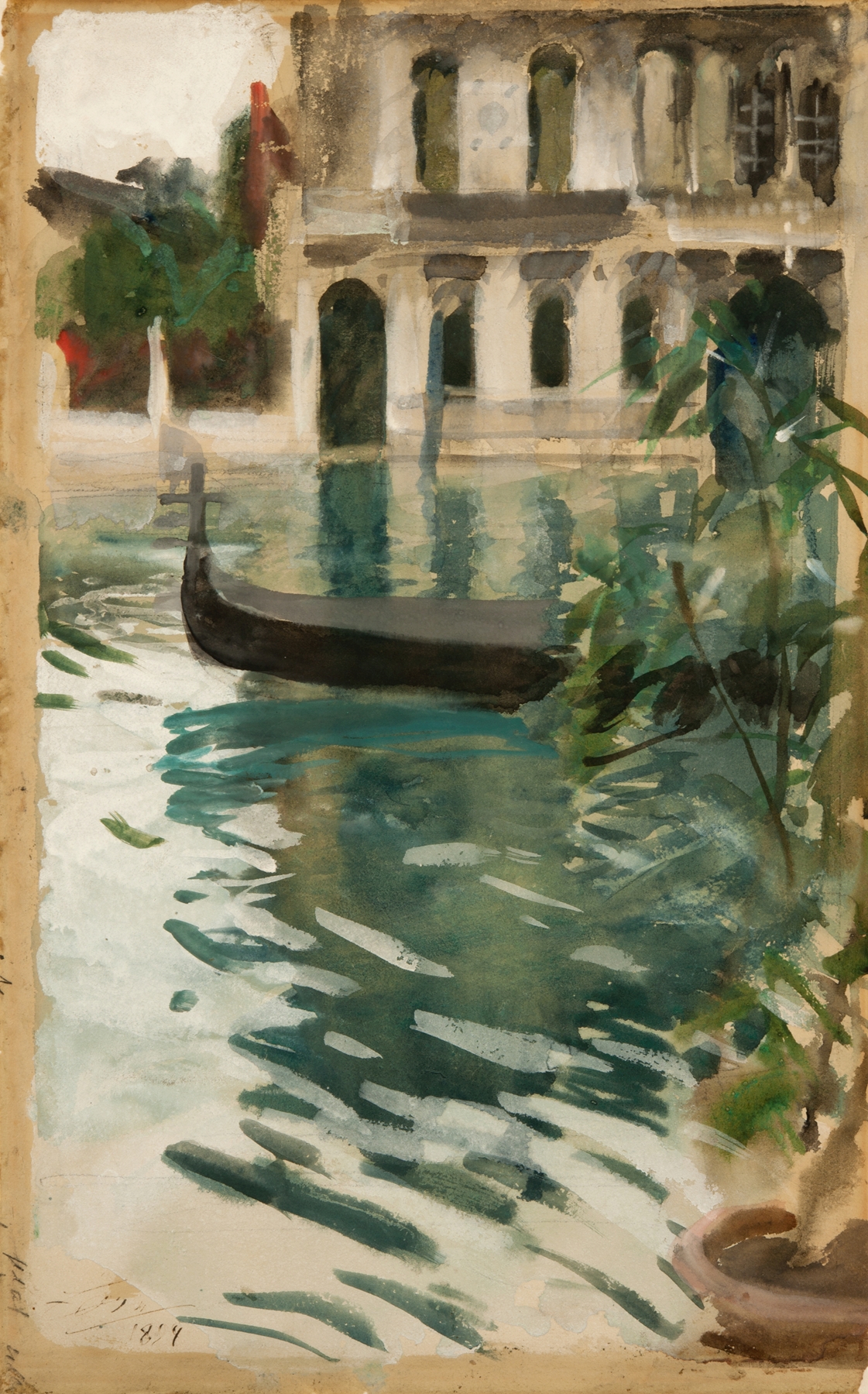 Gondola, Venice by Anders Zorn, oil on canvas, depicts a gondola on water illuminated by golden light.