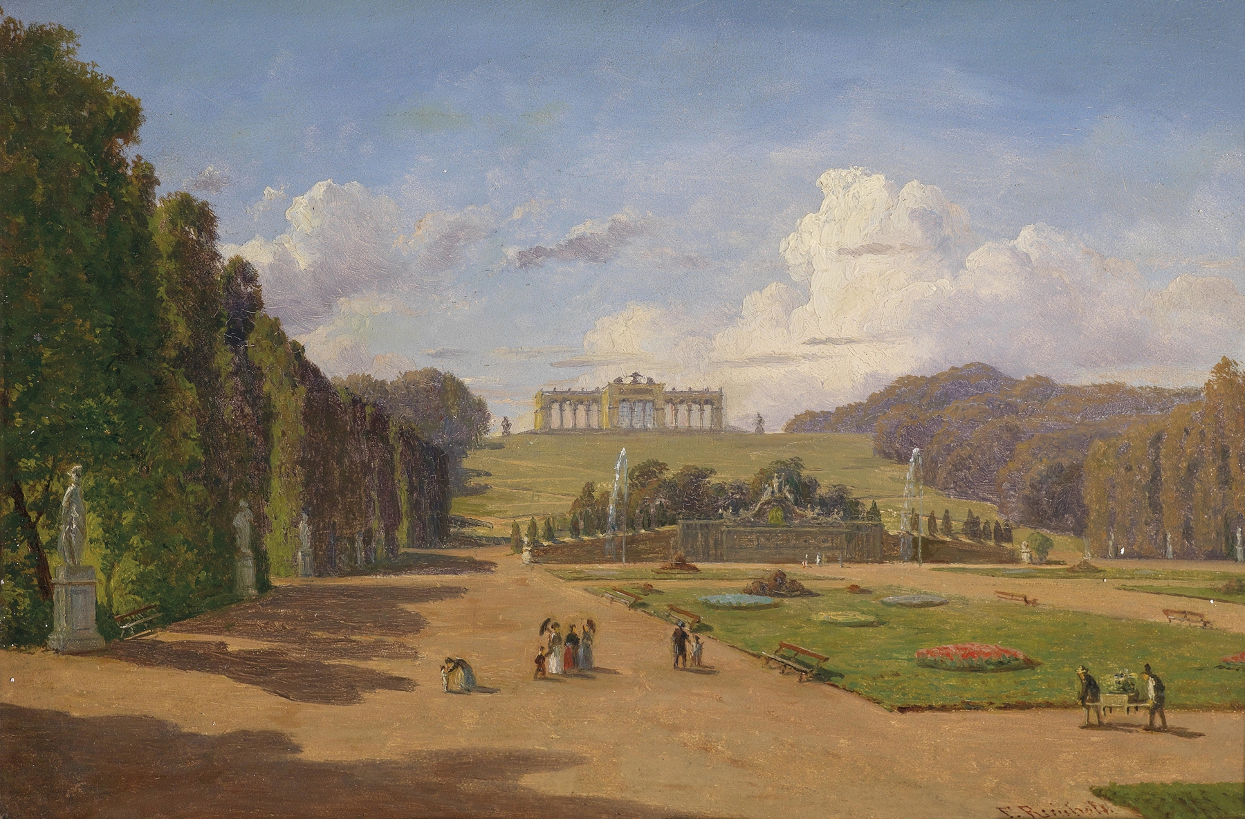 Blick auf die Gloriette by Franz Xaver Reinhold, oil on canvas depicting hills and a gloriette.