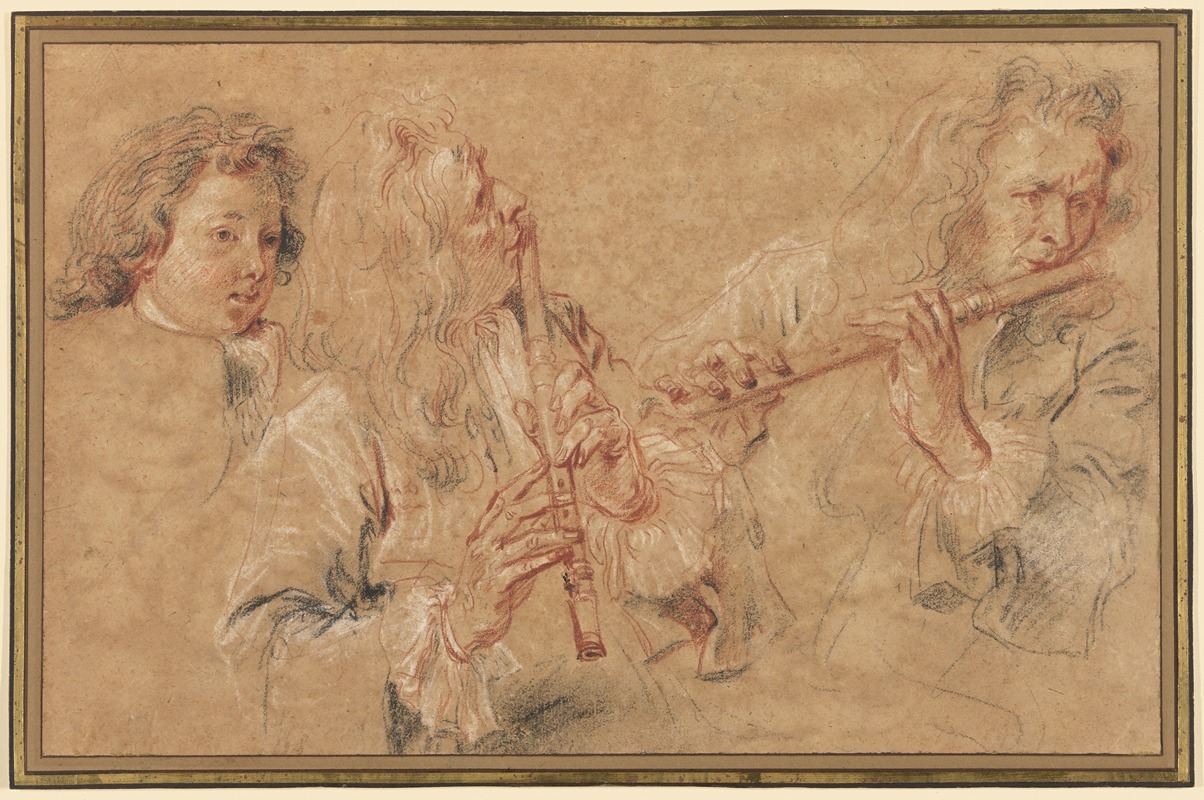 A drawing featuring a flutist and a boy's head by Jean-Antoine Watteau.