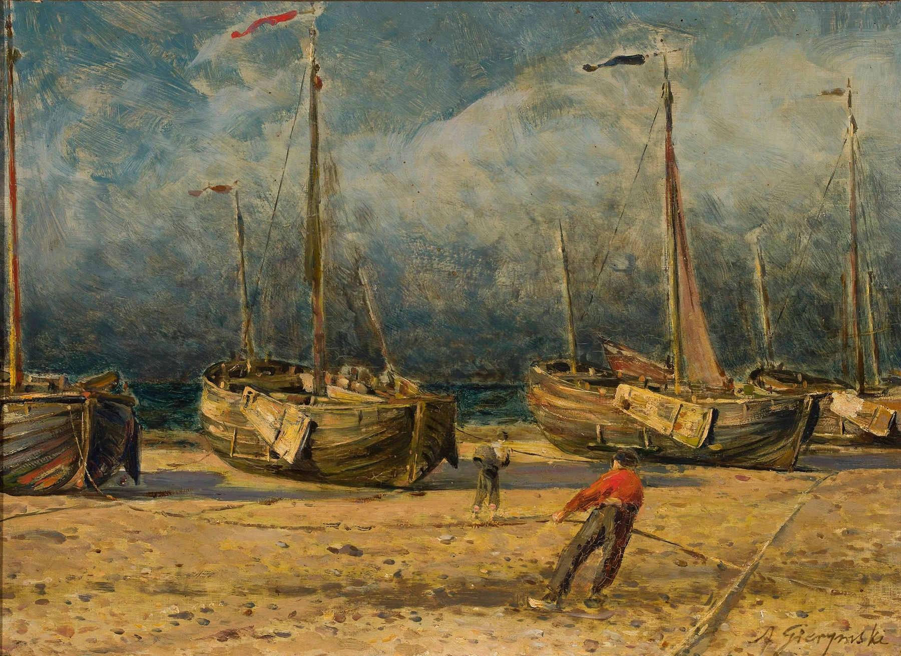 Fishing boats at the seaside, by Aleksander Gierymski, public domain