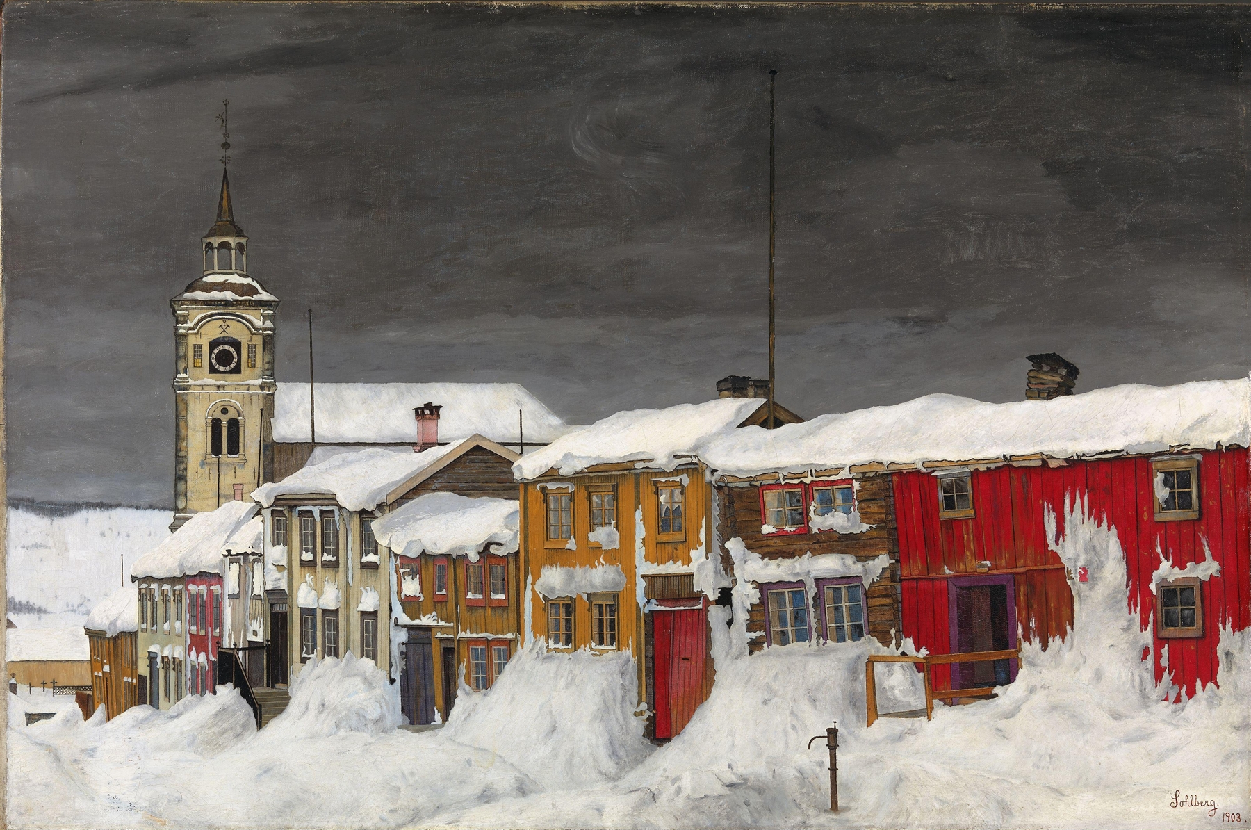Snowy village scene, oil on canvas by Harald Sohlberg