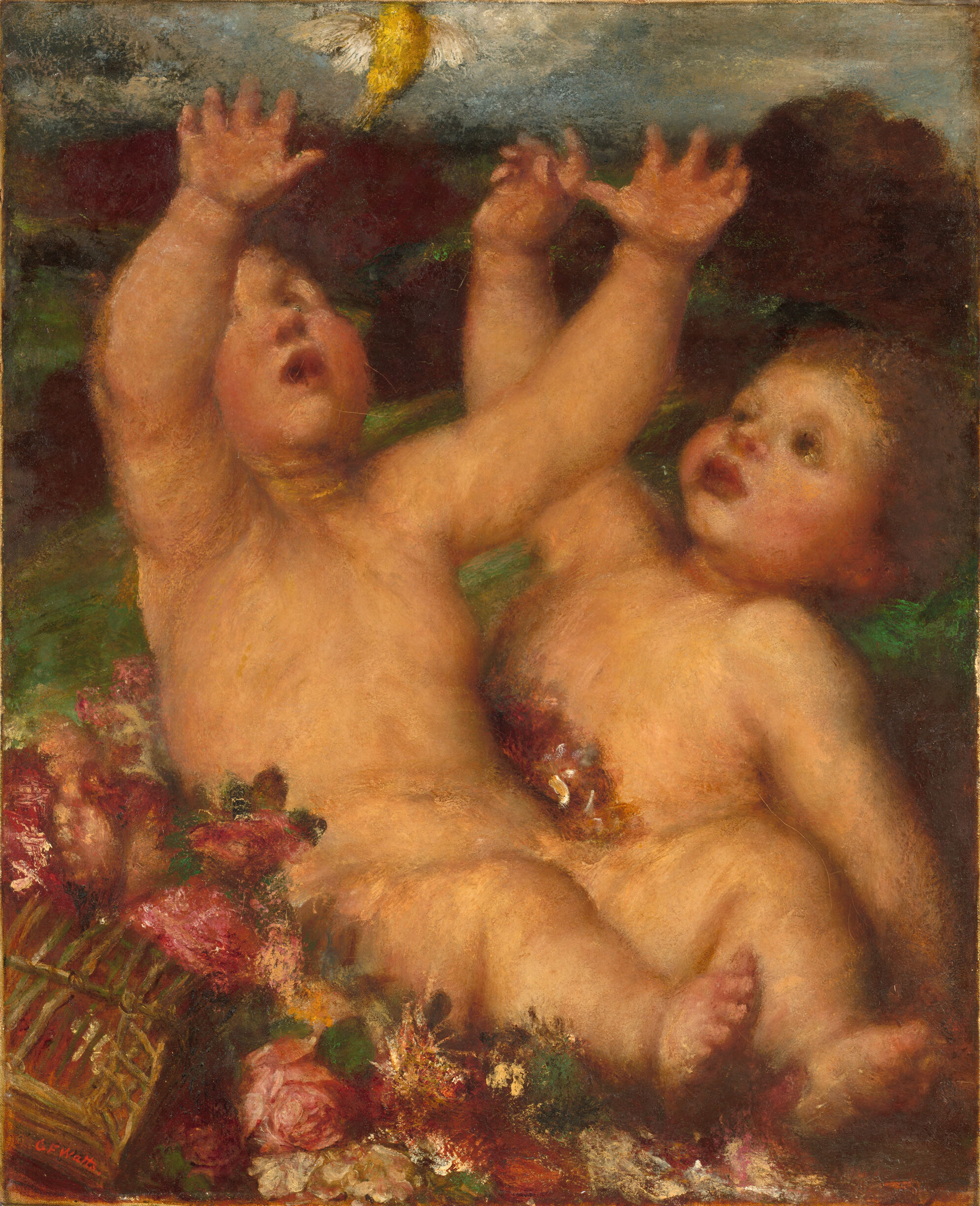 Figurative oil painting by George Frederic Watts depicting a woman in chaos.