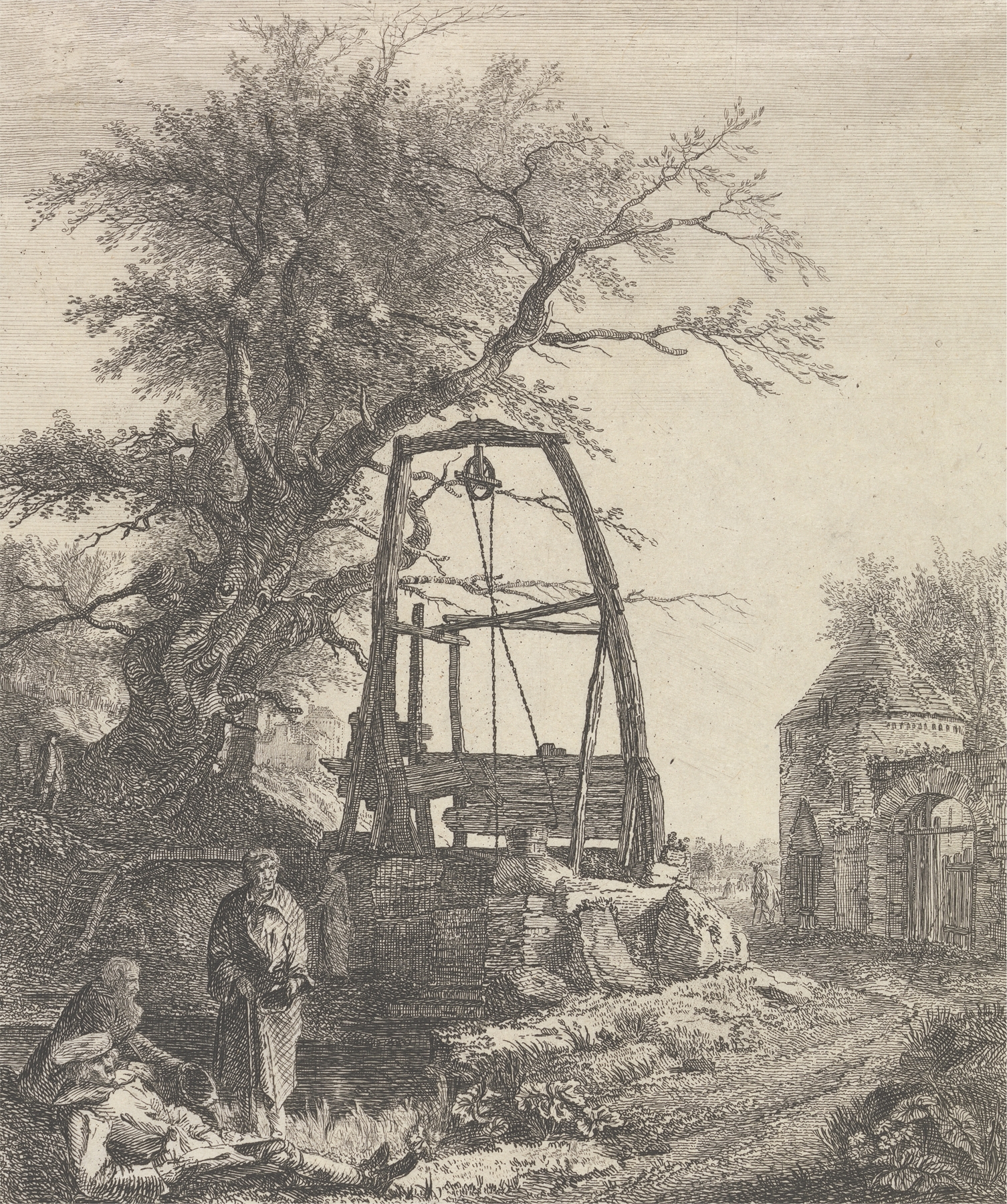 Genre scene of beggars resting by a well, oil painting by Paul Sandby