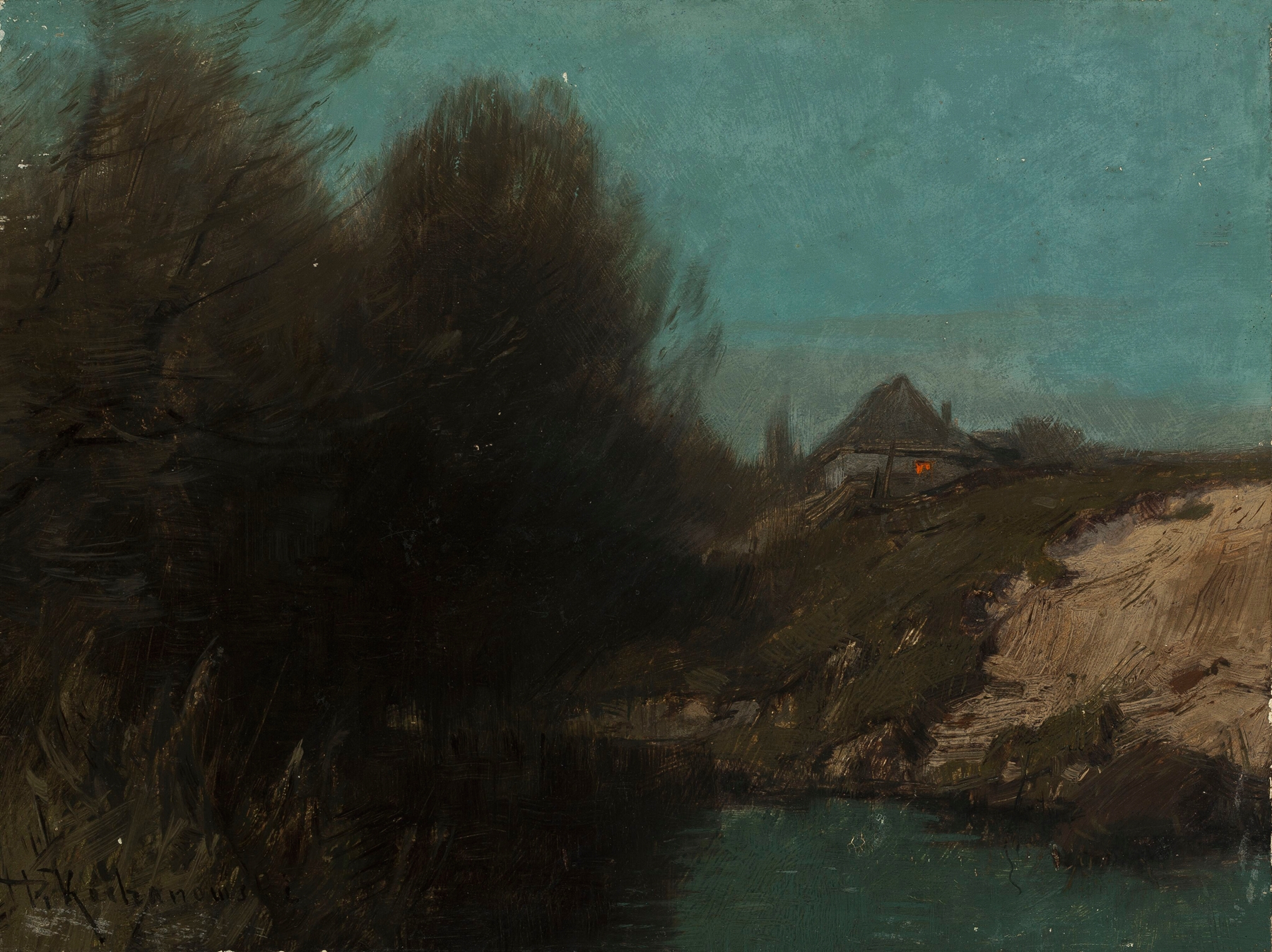 Landscape with a cottage by Roman Kazimierz Kochanowski, realism, depicting a cottage surrounded by greenery.