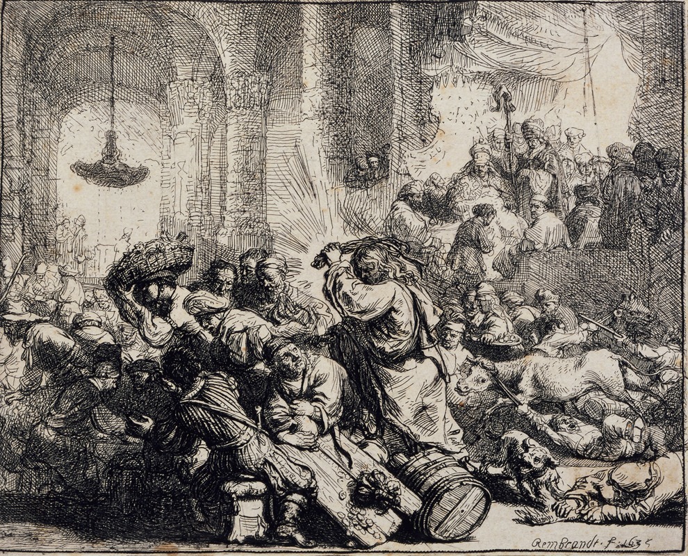 Rembrandt's 'Christ Driving the Moneychangers from the Temple' captures a dramatic biblical scene.