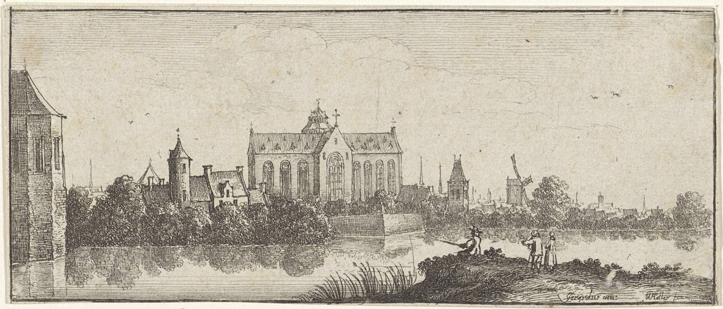 Landscape etching by Wenceslaus Hollar featuring a church and water reflections