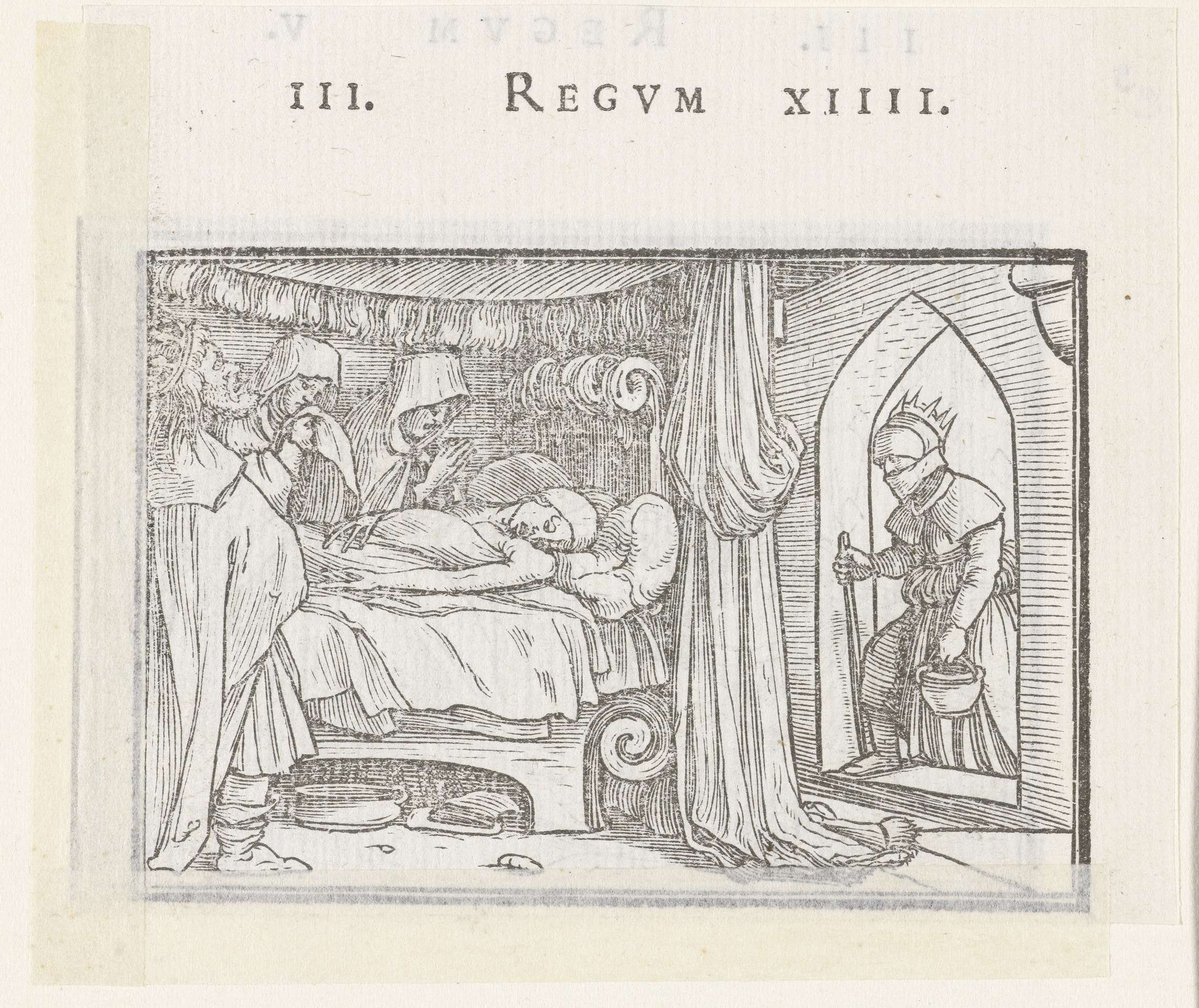 Dood van Abia by Hans Holbein (II), etching on paper showing figures mourning a lifeless figure.