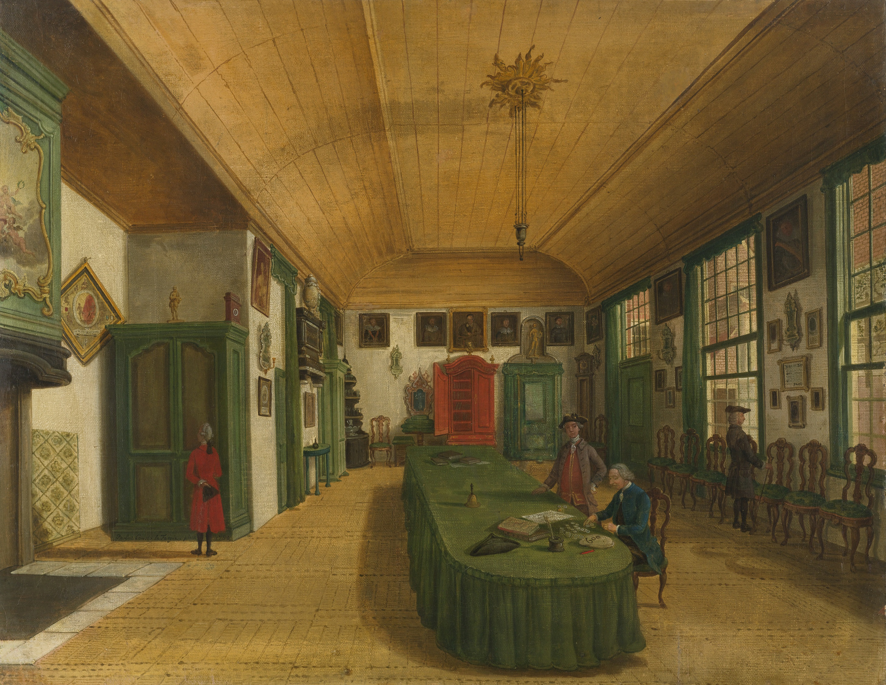 Interior scene with figures in a hall, oil painting by Paulus Constantijn la Fargue