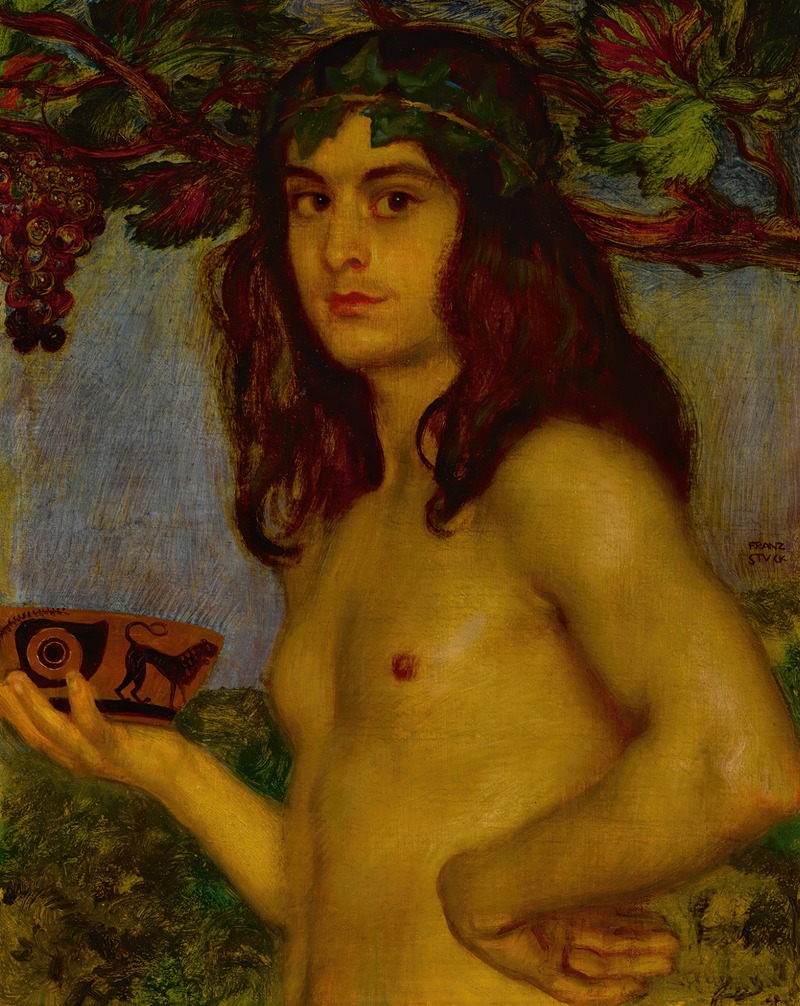 Franz von Stuck's 'Dionysos' depicts the Greek god of wine in a vibrant, symbolic manner.