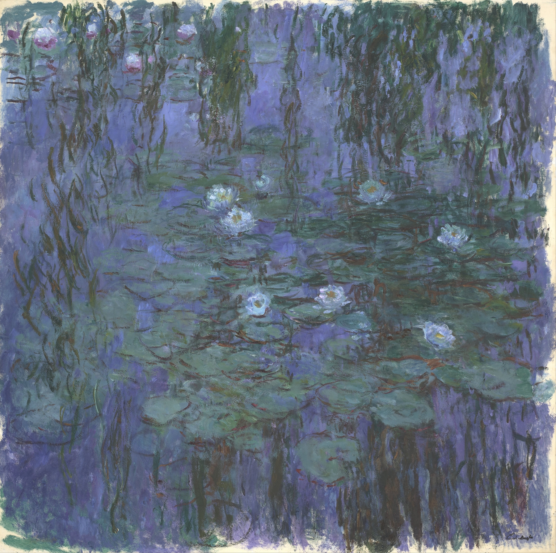 Blue Water Lilies by Claude Monet, oil painting featuring tranquil water with blue and green hues.