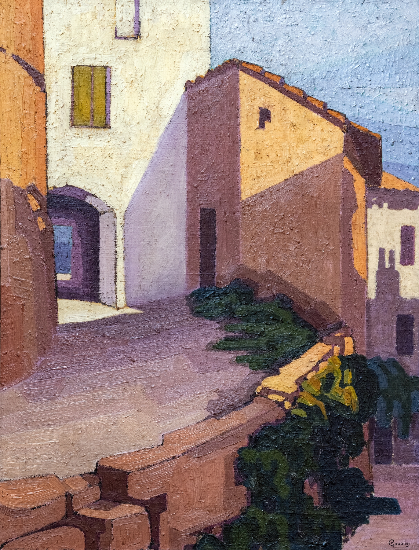 Houses in Puycelsi by Georges Gaudion, oil on canvas, depicting a serene village landscape