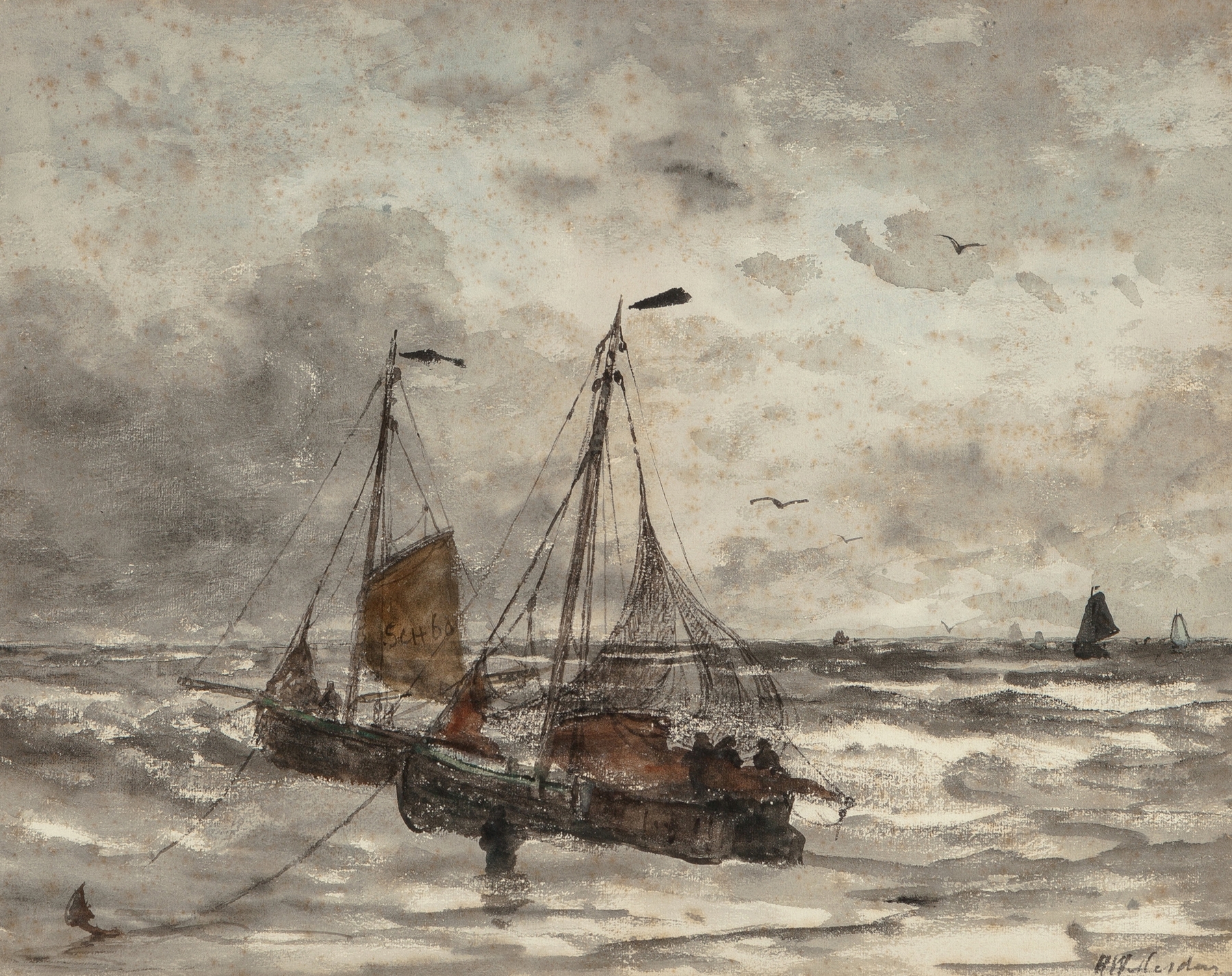 Fishing boats at anchor on a choppy sea, by Hendrik Willem Mesdag, public domain