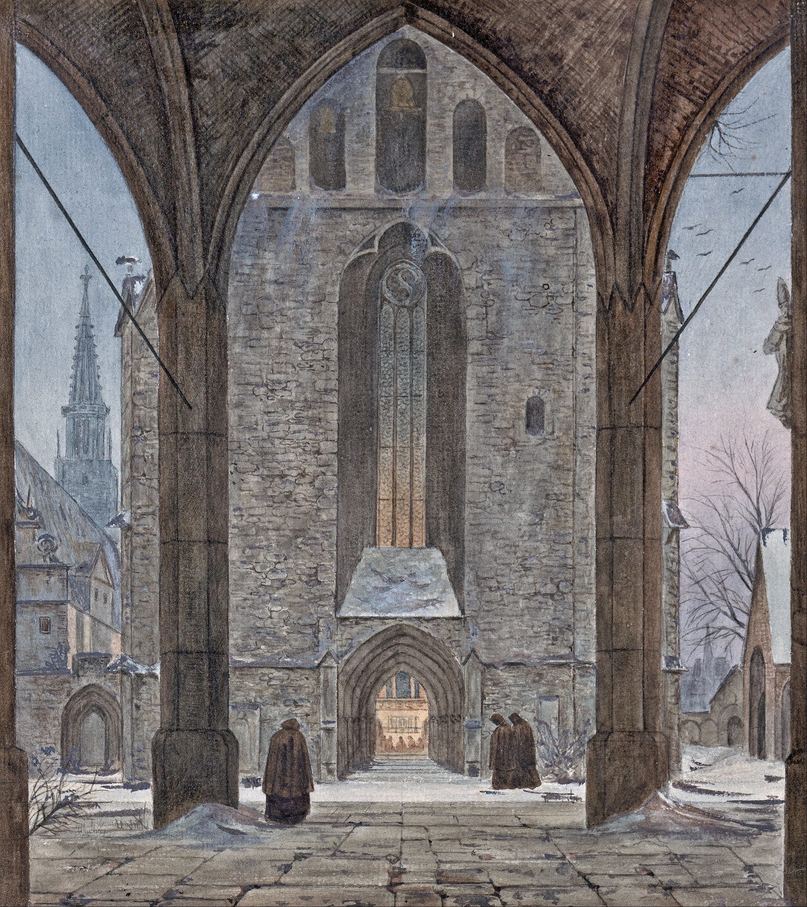 Cathedral in Winter by Ernst Ferdinand Oehme, oil on canvas, depicting a snowy landscape with a grand cathedral.