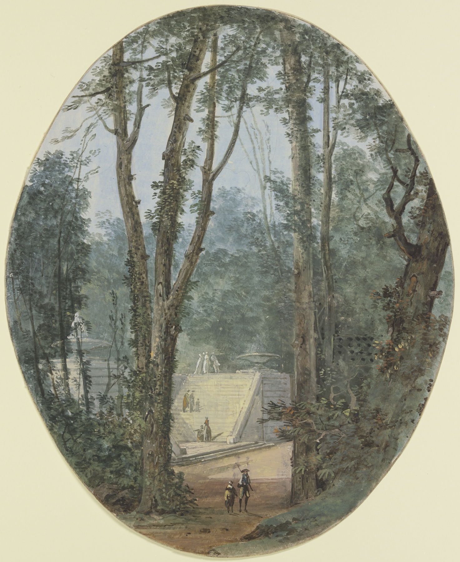 Parklandschaft mit hohen Bäumen und dem Blick auf einen Treppenanstieg im Mittelgrund, oil on canvas by Louis Gabriel Moreau