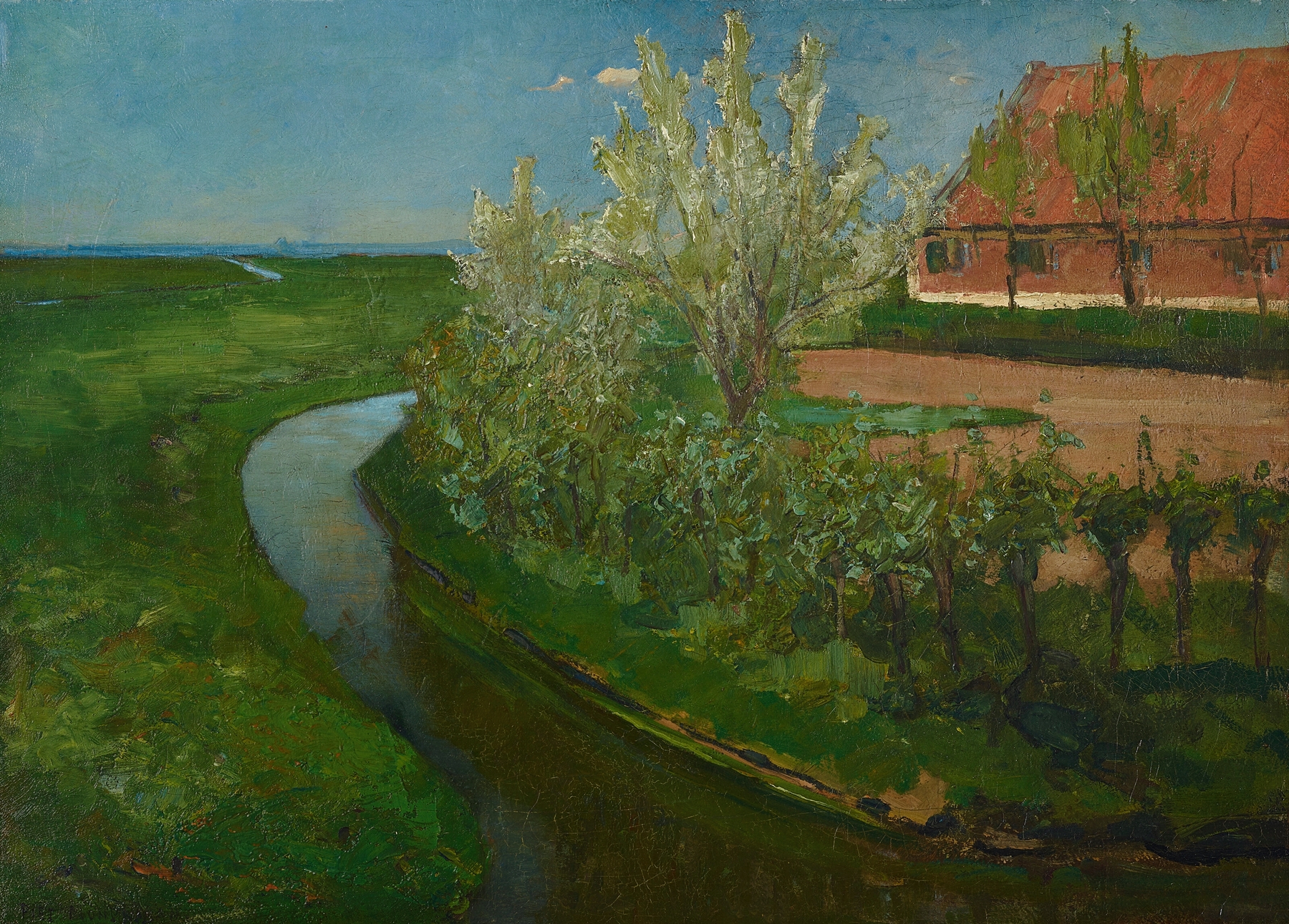 Curved Irrigation Ditch Bordering Farmyard with Flowering Trees, by Piet Mondrian, public domain