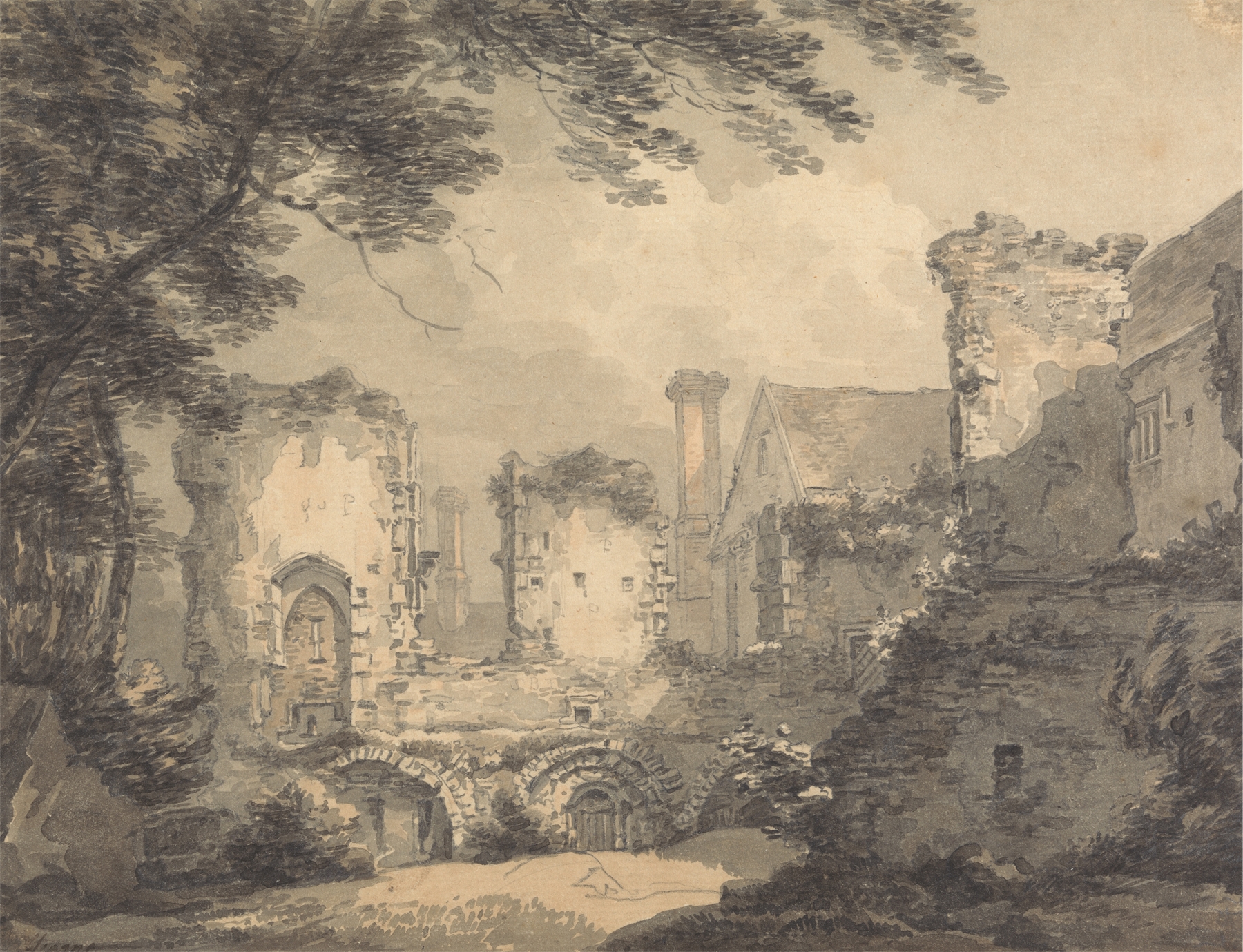 Castle Acre Priory by Thomas Hearne, oil painting depicting majestic ruins and a landscape.