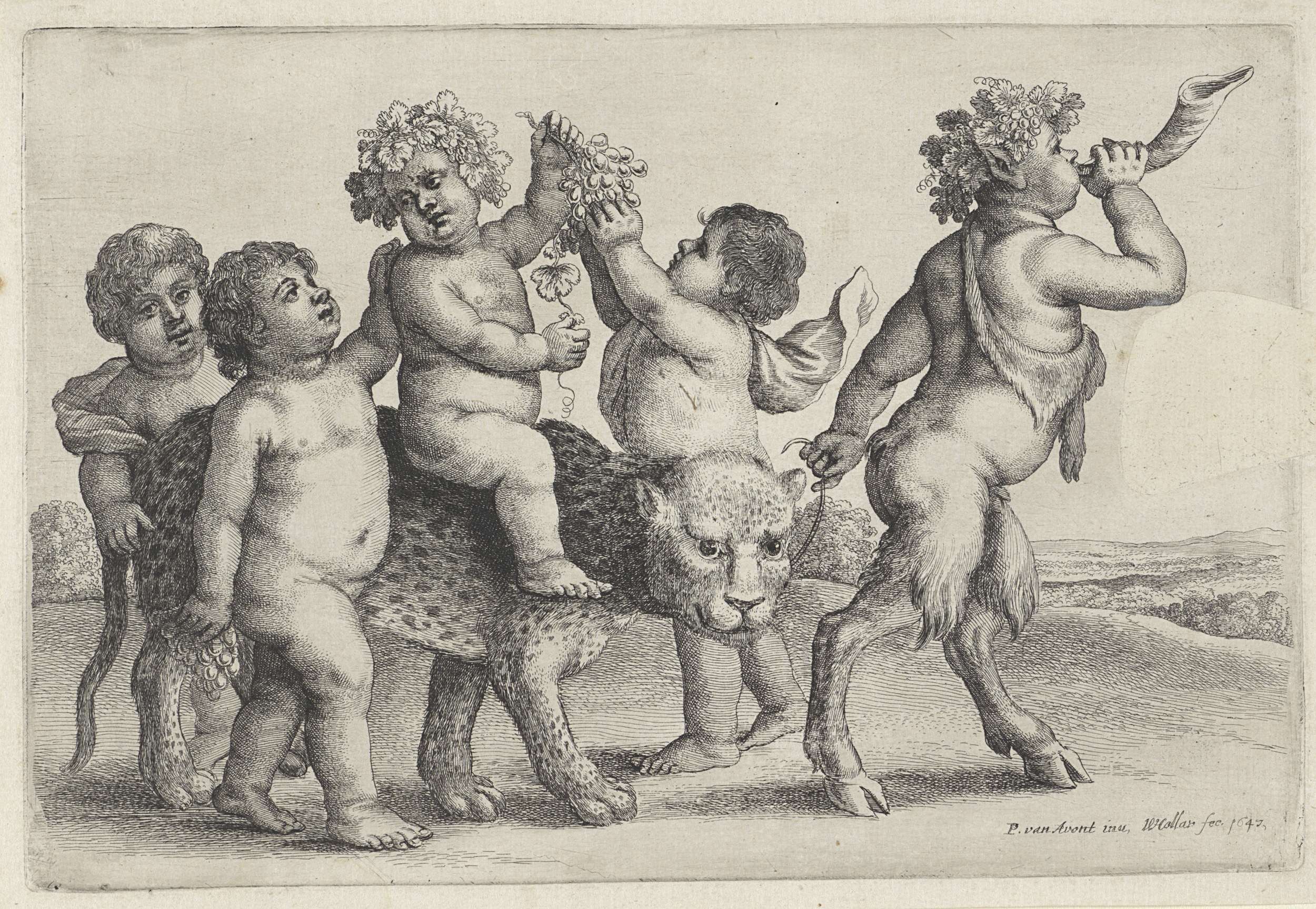 Bacchant zittend op een luipaard, etching by Wenceslaus Hollar