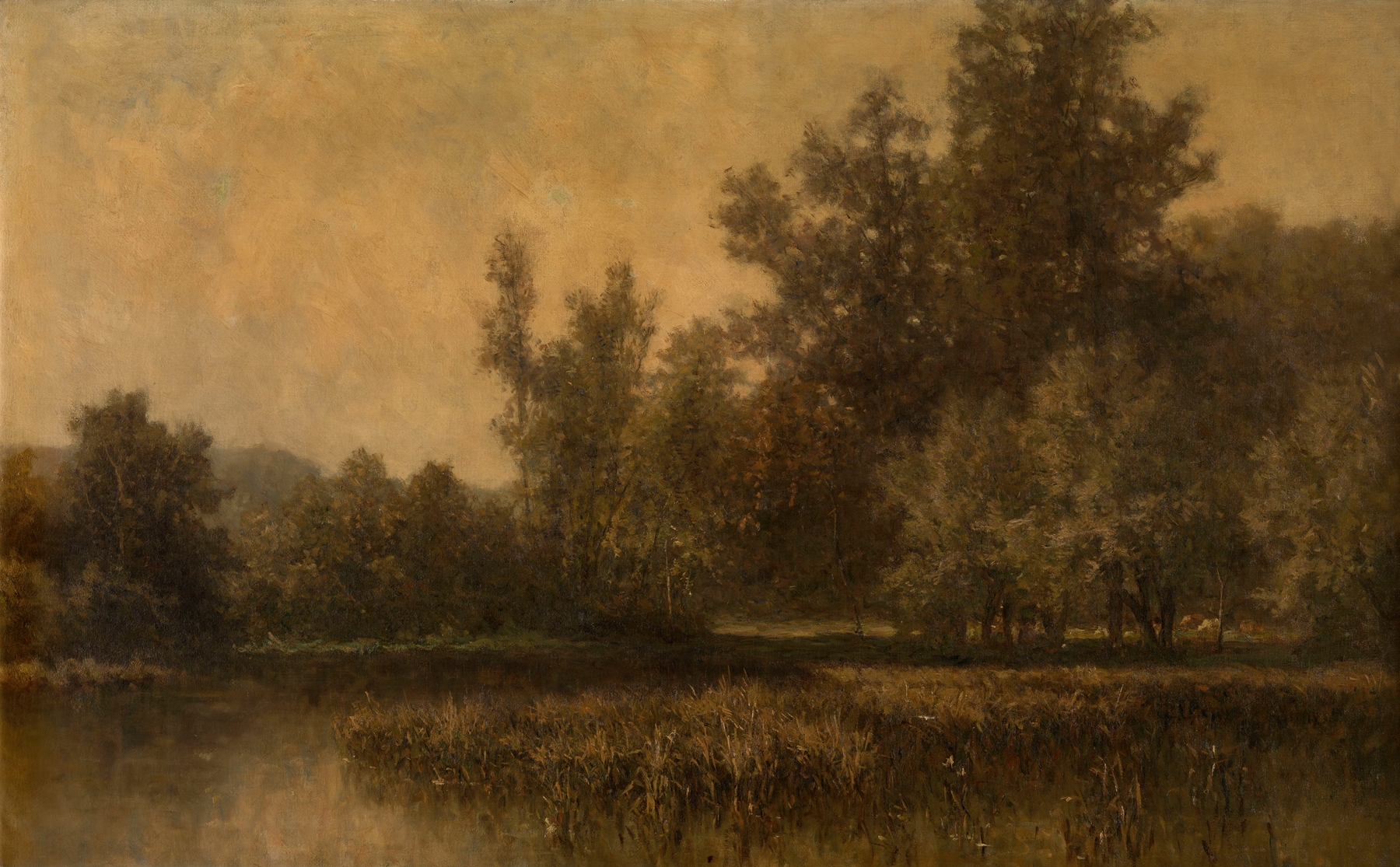 Oil painting of a serene marsh landscape by Euphrosine Beernaert