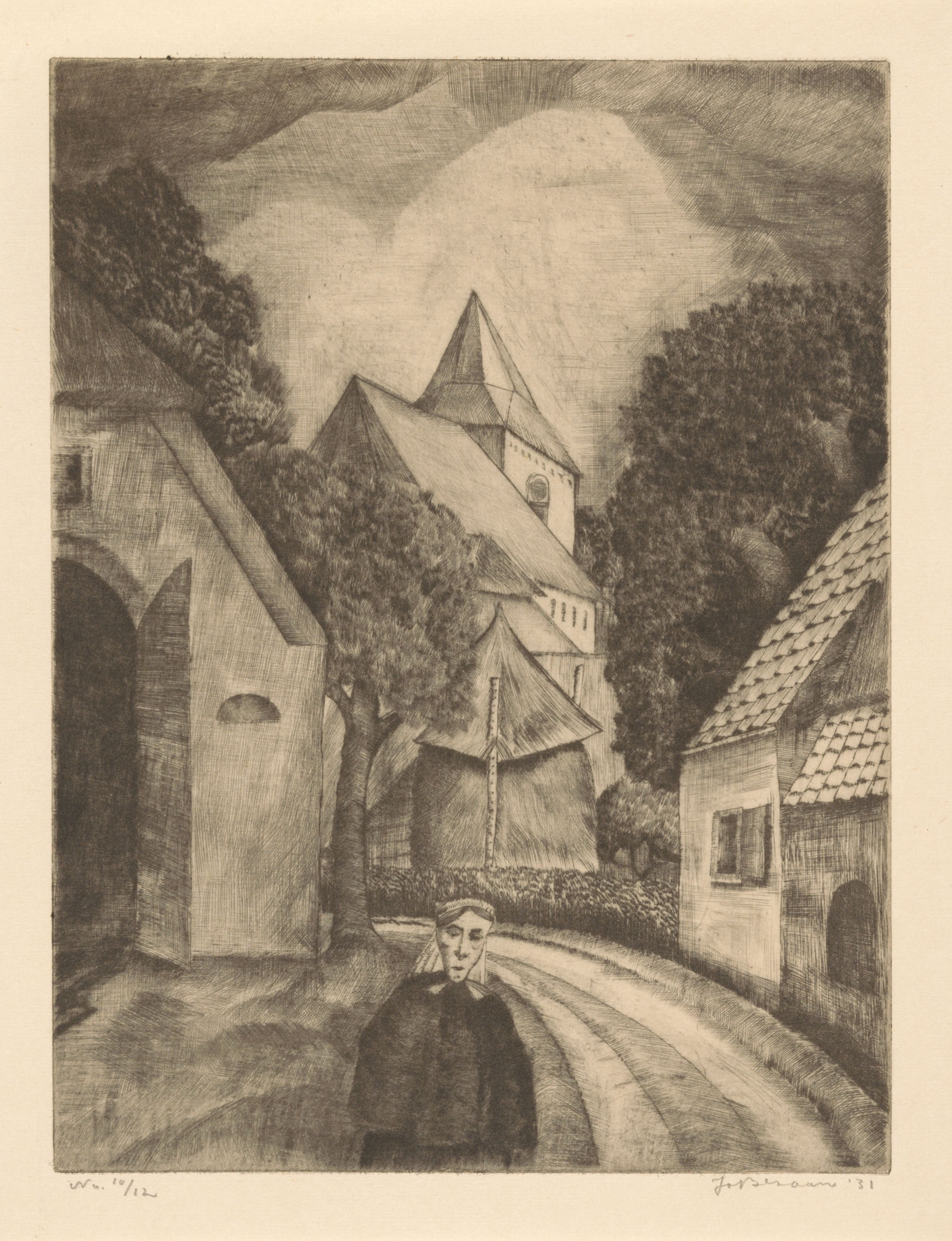 Portrait of a woman in flowing garment standing on a village path by Jo Bezaan