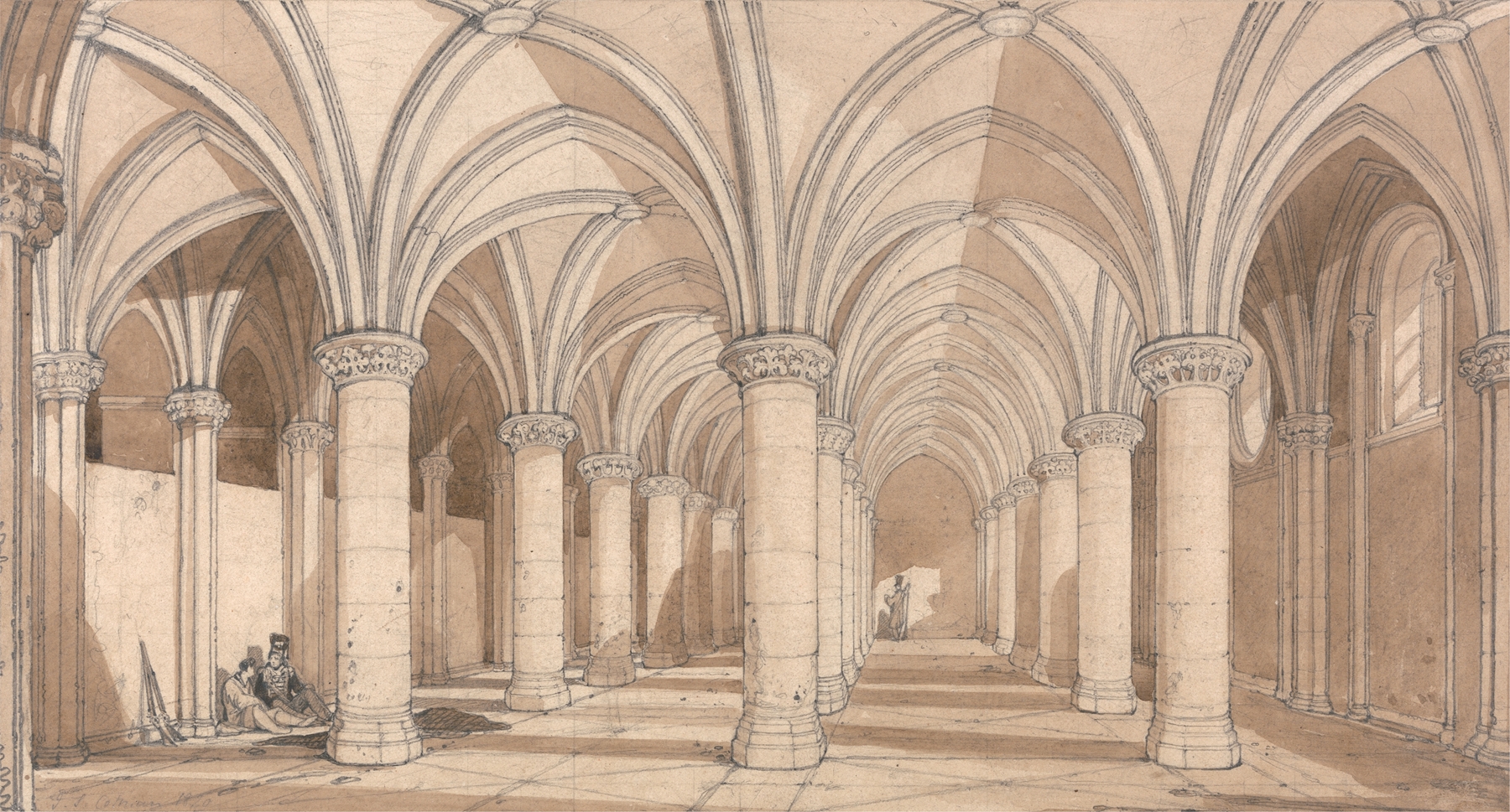 The Barons’ Hall, Mont Saint Michel, by John Sell Cotman, public domain