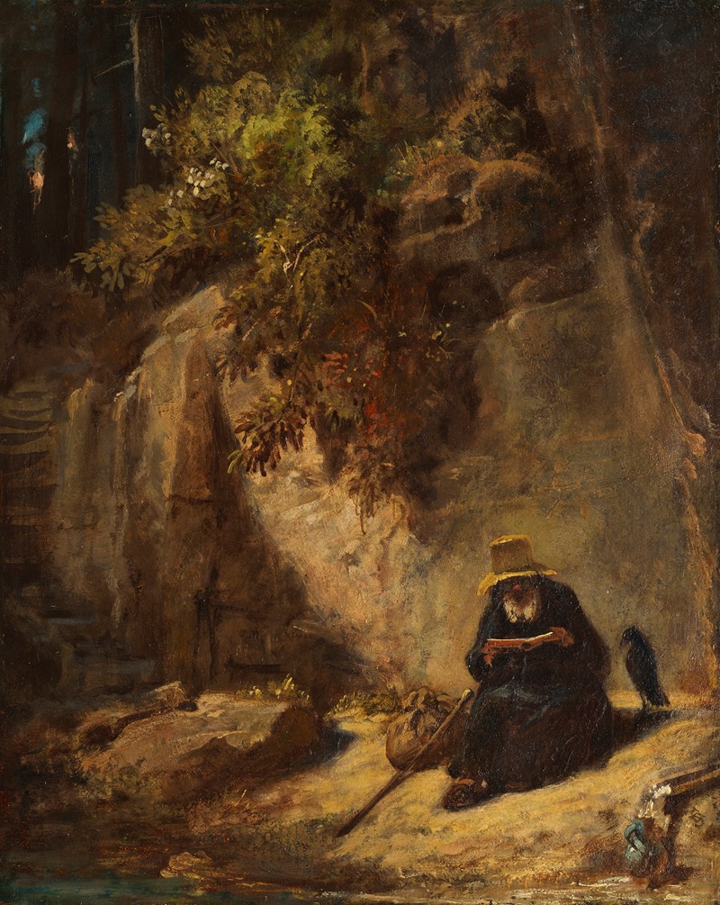 A hermit reading in a gorge with ravens nearby.