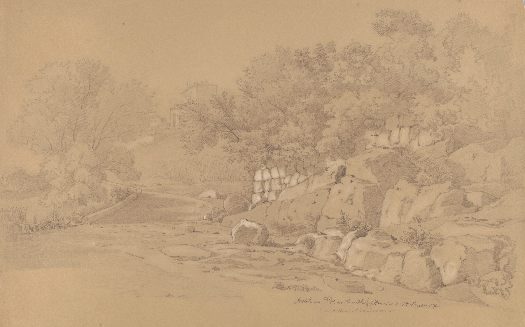 Landscape featuring a villa among trees at sunset by Arthur Blaschnik