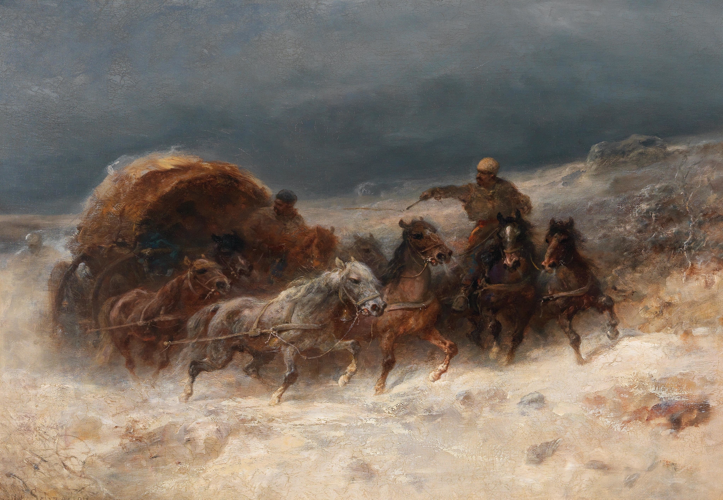 Geldings in a winter landscape, oil on canvas by Adolf Schreyer