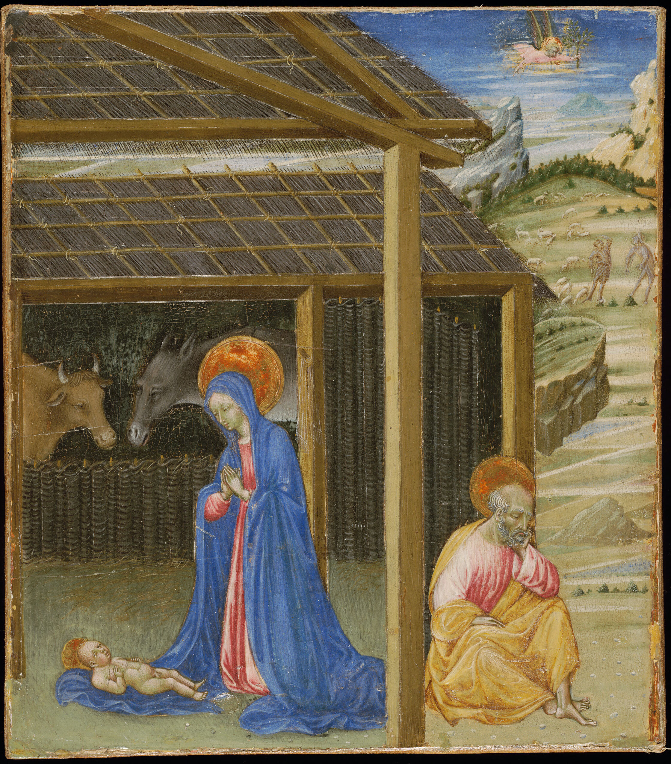 The Nativity by Giovanni di Paolo, tempera on panel, featuring Madonna and child with angels and shepherds